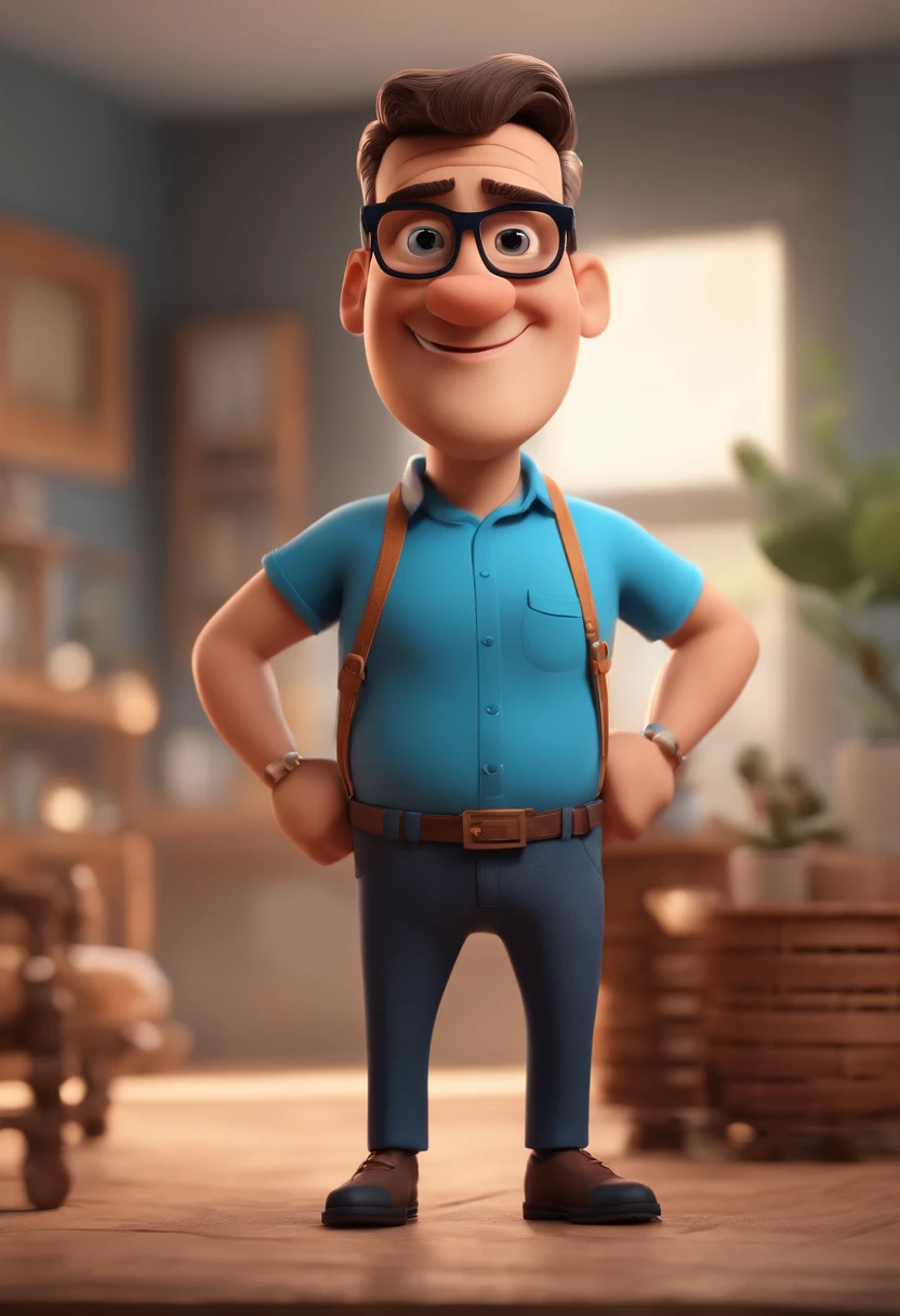 Cartoon character of a man with black glasses and a blue shirt, animation character, Caractere estilizado, animation style rendering, 3D estilizado, Arnold Maya render, 3 d render stylized, toon render keyshot, Personagem 3D, Personagem 3D, 3d rendering stylized, 3 d character render, personagem de desenho animado, Personagem de close up, Pose de personagem, (Estilo Pixar) (master part:1.2) (Bokeh) (best quality) (pele detalhada) (textura detalhada) (8k) (argila) (Cinematic lighting) (foco nítido