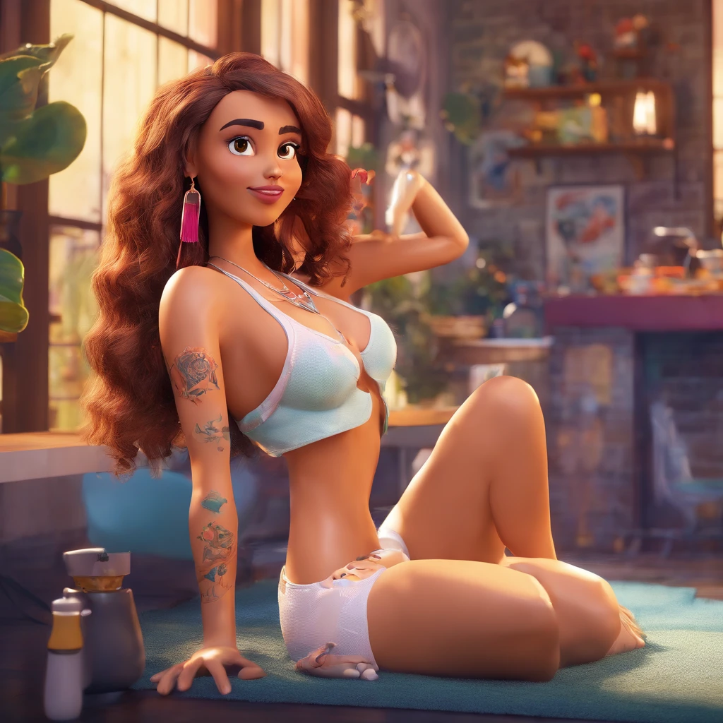 create a 3D movie poster inspired by Disney Pixar, The scene should be in Pixar's signature digital art style, com uma imagem caricatural que lembra a cantora brasileira "Anita" in the prone position, Wearing a bikini while a tattoo artist is sitting tattooing with a giant ring on one hand, inside a tattoo parlor.