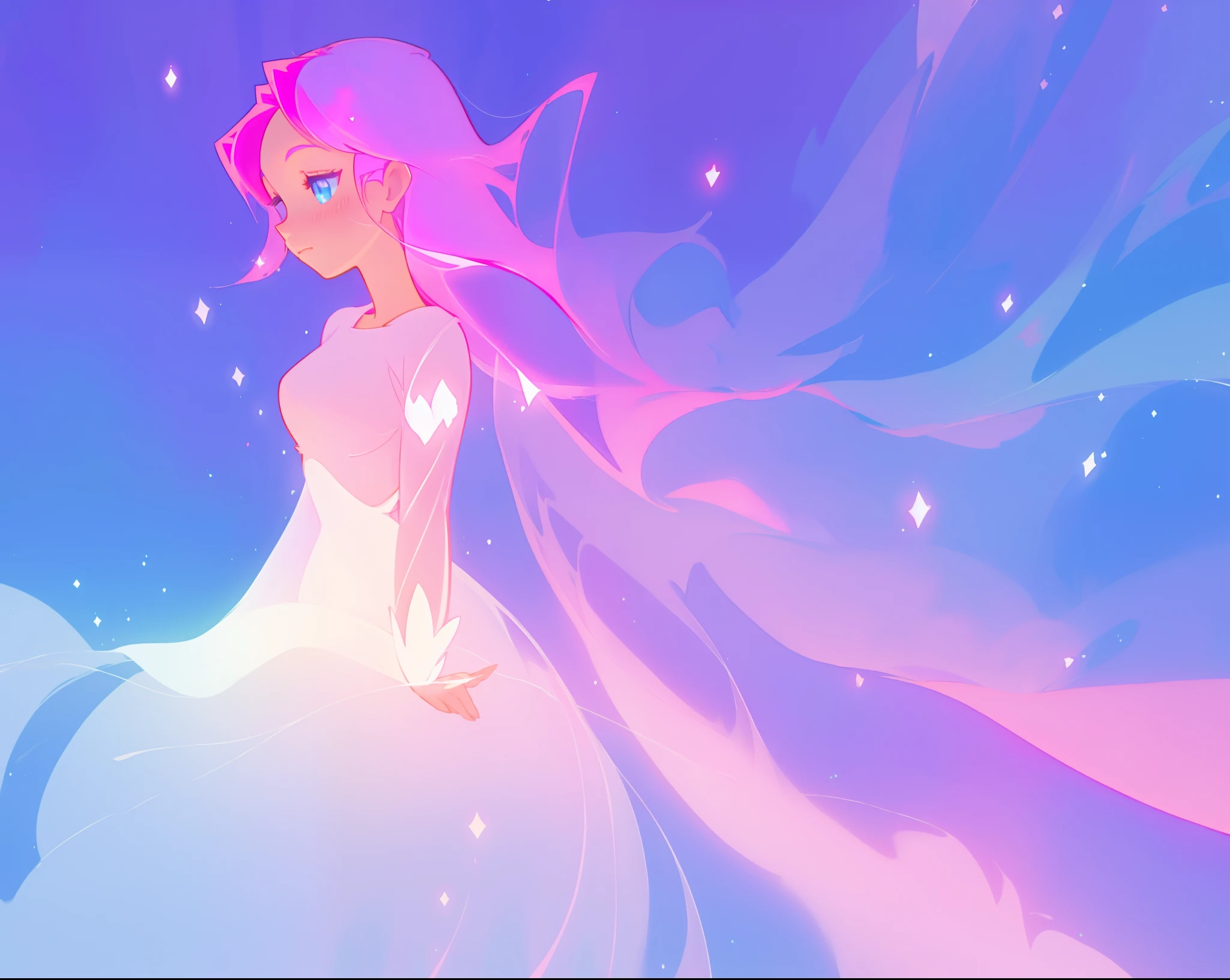 beautiful girl in sparkling multi-layer dress, long sparkling pink hair, fantasia background, watercolor illustration, inspired by Glen Keane, inspired by Lois van Baarle, disney art style, by Lois van Baarle, glowing aura around her, by Glen Keane, jen bartel, glowing lights! digital painting, flowing glowing hair, glowing flowing hair, beautiful digital illustration, fantasia otherworldly landscape plants flowers, beautiful, masterpiece, best quality, anime disney style