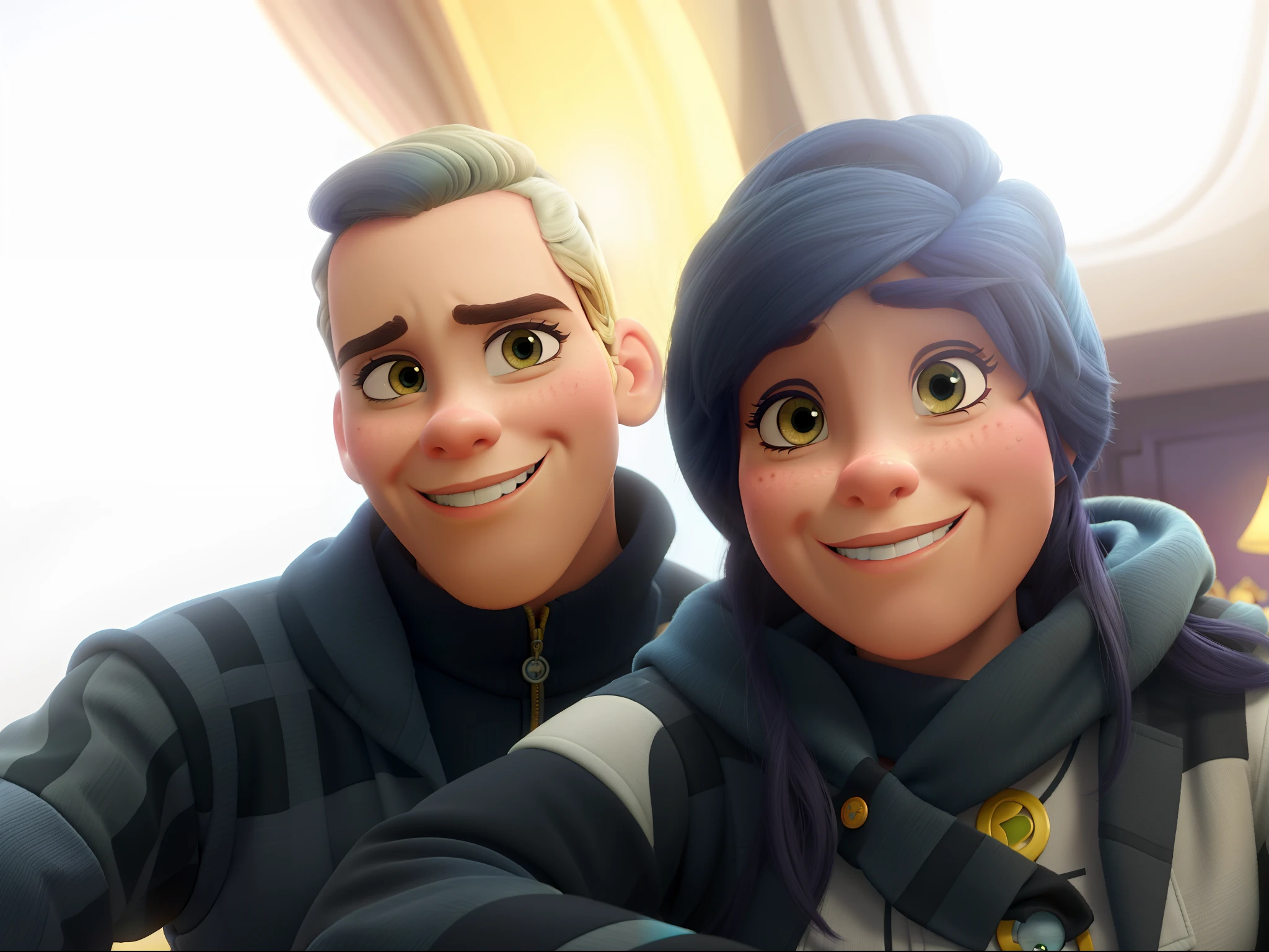 (alta qualidade, best quality, Estilo Disney Pixar), Casais, cores vibrantes, detailed facial features, Romantic Atmosphere, fundo caprichoso, magic lighting, cheerful expressions, dream-like setting, Elementos de fantasia