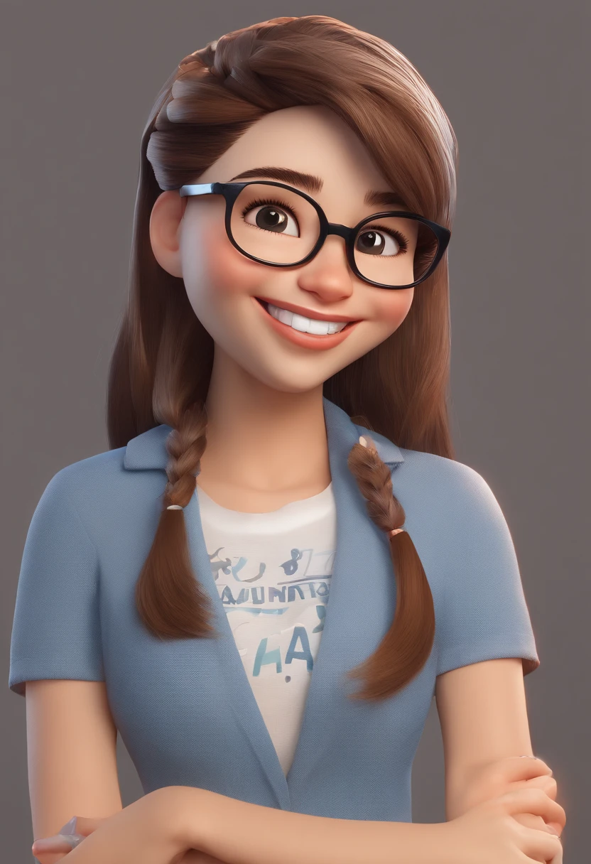 Menina sorridente Ilustrador, Sorriso timido, Fair-skinned teenage girl with a shy smile, and round glasses, cabelo lisos marrom, Cabelos Lisos castanhos, Happy smiling cute at camera, sorriso fofo, she is happy, smile shy, shy girl, Foto de perfil do headshot, rindo sorriso enorme, desenhando no estilo de Arte 3D, c4d, fundo de um parque, Estilo Disney, estilo pixar render ilustracao Super Detalhe, 8k
