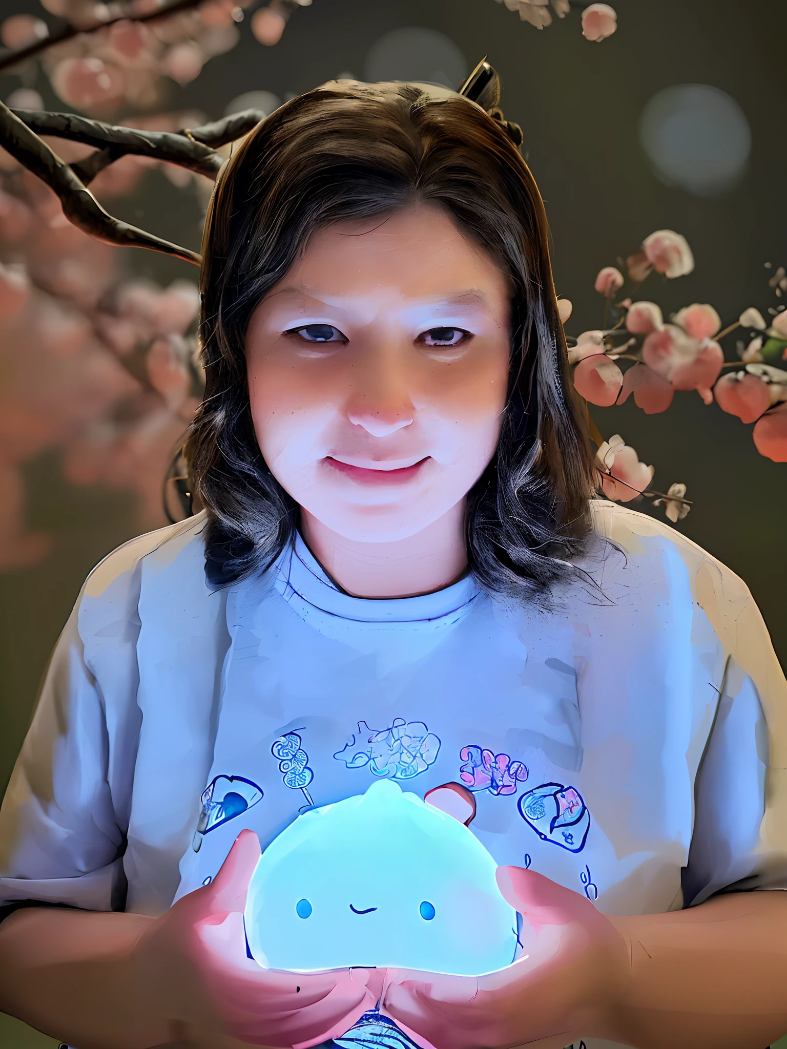 A girl dressed as Hashira with a katana in her hands on a Japanese backdrop.