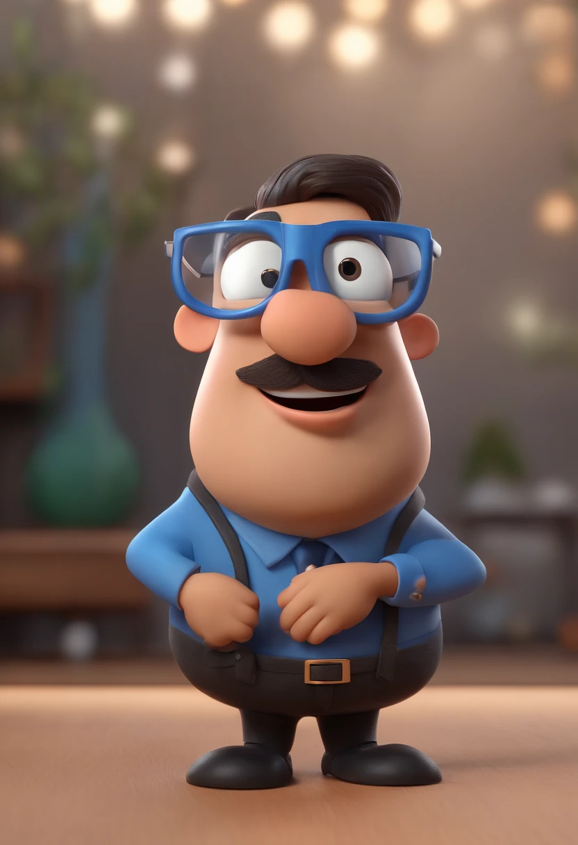Cartoon character of a man wearing black glasses and a blue shirt, um personagem animado, Caractere estilizado, animation style rendering, 3D estilizado, Arnold Maya render, 3 d render stylized, toon render keyshot, Personagem 3D, Personagem 3D, 3d rendering stylized, 3 d character render, personagem de desenho animado, Personagem de close up, Pose de personagem, (Estilo Pixar) (master part:1.2) (Bokeh) (best quality) (pele detalhada) (textura detalhada) (8k) (argila) (Cinematic lighting) (foco nítido，Senta e vaza a parte superior do corpo