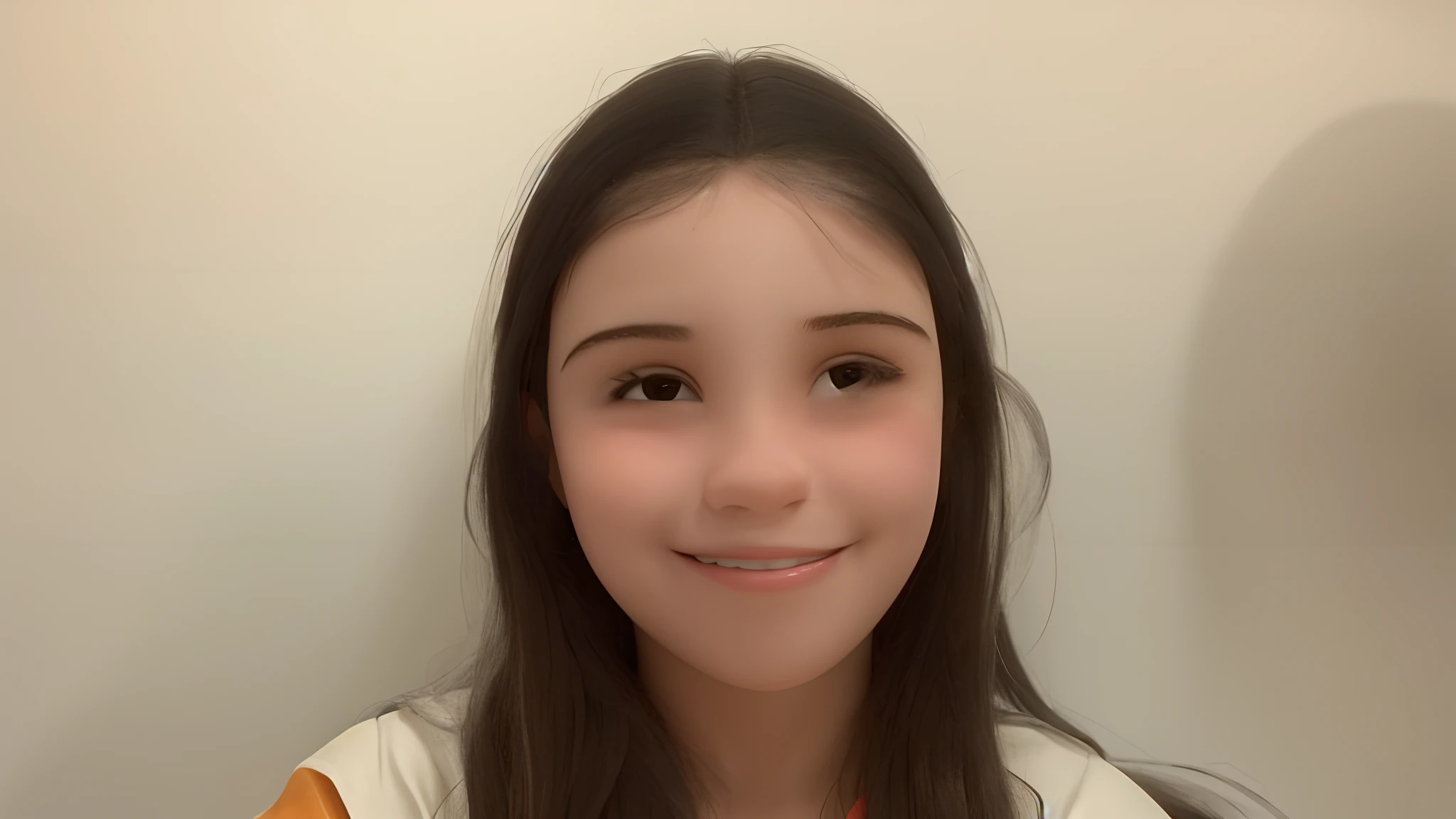 Menina de 10 anos cabelos castanhos escuros, nariz meio gordinho e covinhas na boca, com sombrancelhas quase juntas e um sorriso de boca fechada