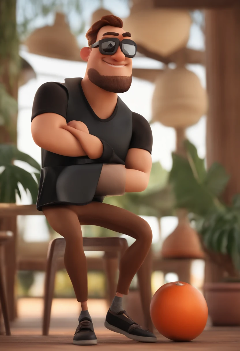 MAKE a Disney Pixar Style Character Style Display Poster "ALMA DISNEY PIXAR "Cartoon of a thinly bearded brunette man wearing black sunglasses and an orange t-shirt, um personagem animado, com roupas de trekking e mochila nas costas, Caractere estilizado, animation style rendering, 3D estilizado, Arnold Maya render, 3 d render stylized, toon render keyshot, Personagem 3D, Personagem 3D, 3d rendering stylized, 3 d character render, personagem de desenho animado, Personagem de close up, Pose de personagem, (Estilo Pixar) (master part:1.2) (Bokeh) (melhor qualidade) (pele detalhada) (textura detalhada) (8k) (argila) (Cinematic lighting) (foco nítido,Senta e vaza a parte superior do corpo