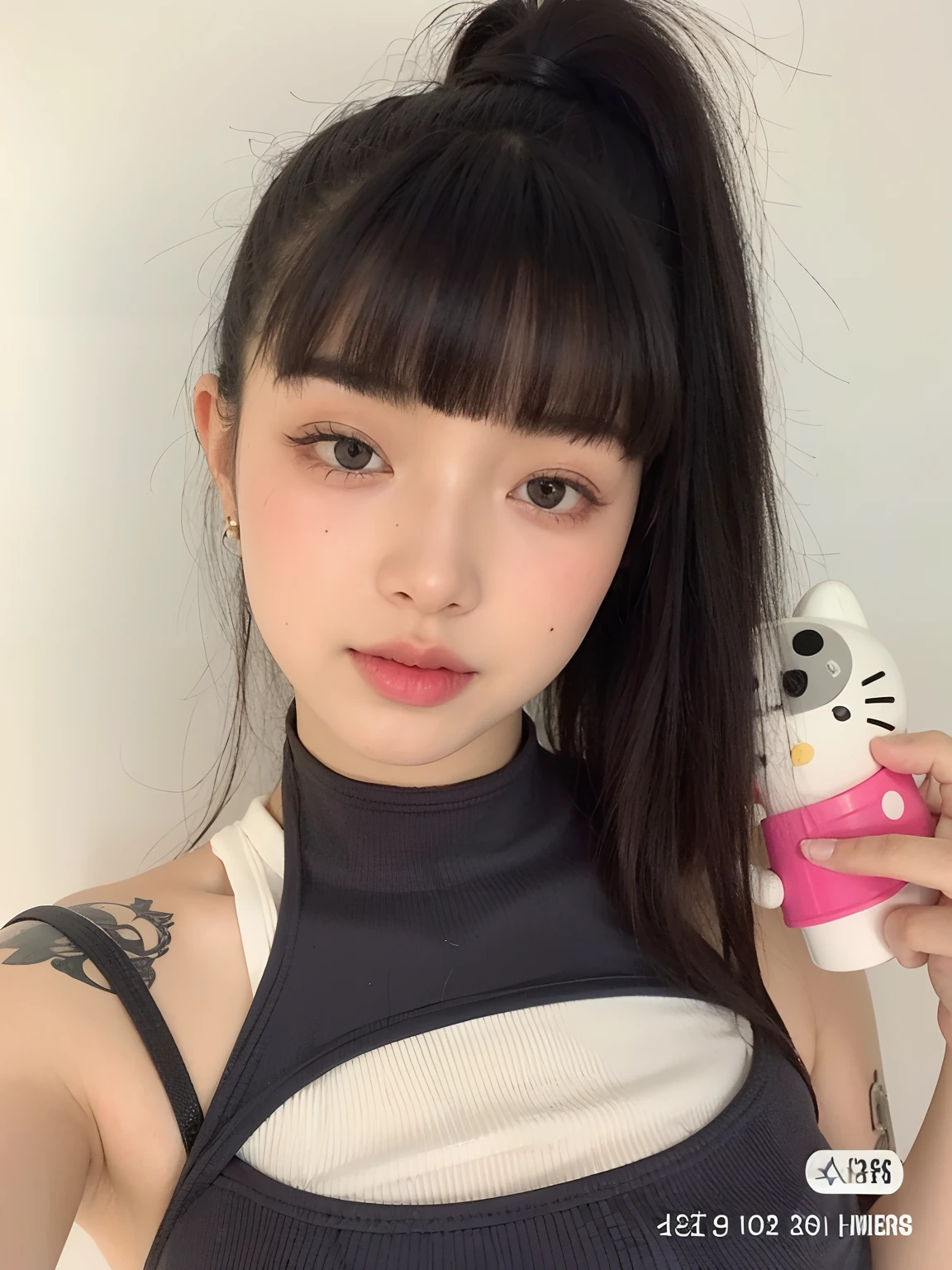 Hay una mujer con un cepillo para el pelo de Hello Kitty y una horquilla de Hello Kitty, Ella tiene el pelo negro con flequillo, ulzzang, Corte de pelo Hime negro, Peinado White Hime Cut, Pelo negro y flequillo blanco, Chica de anime en la vida real, linda Delphine, Xision Wu, como franja completa, gatito muy lindo y lindo, 19 year old girl