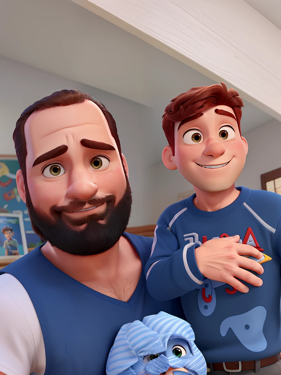 Um homem moreno com seu filho no colo, estilo disney pixar, alta qualidade, melhor qualidade