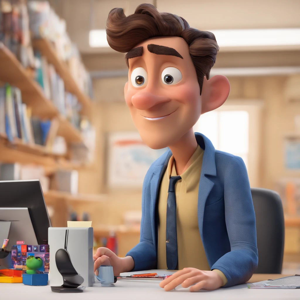 Crie um cartaz inspirado na Disney Pixar com o personagem, um homem de cabelos grisalhos, In an office with a desktop on the desk, Looking forward and serious