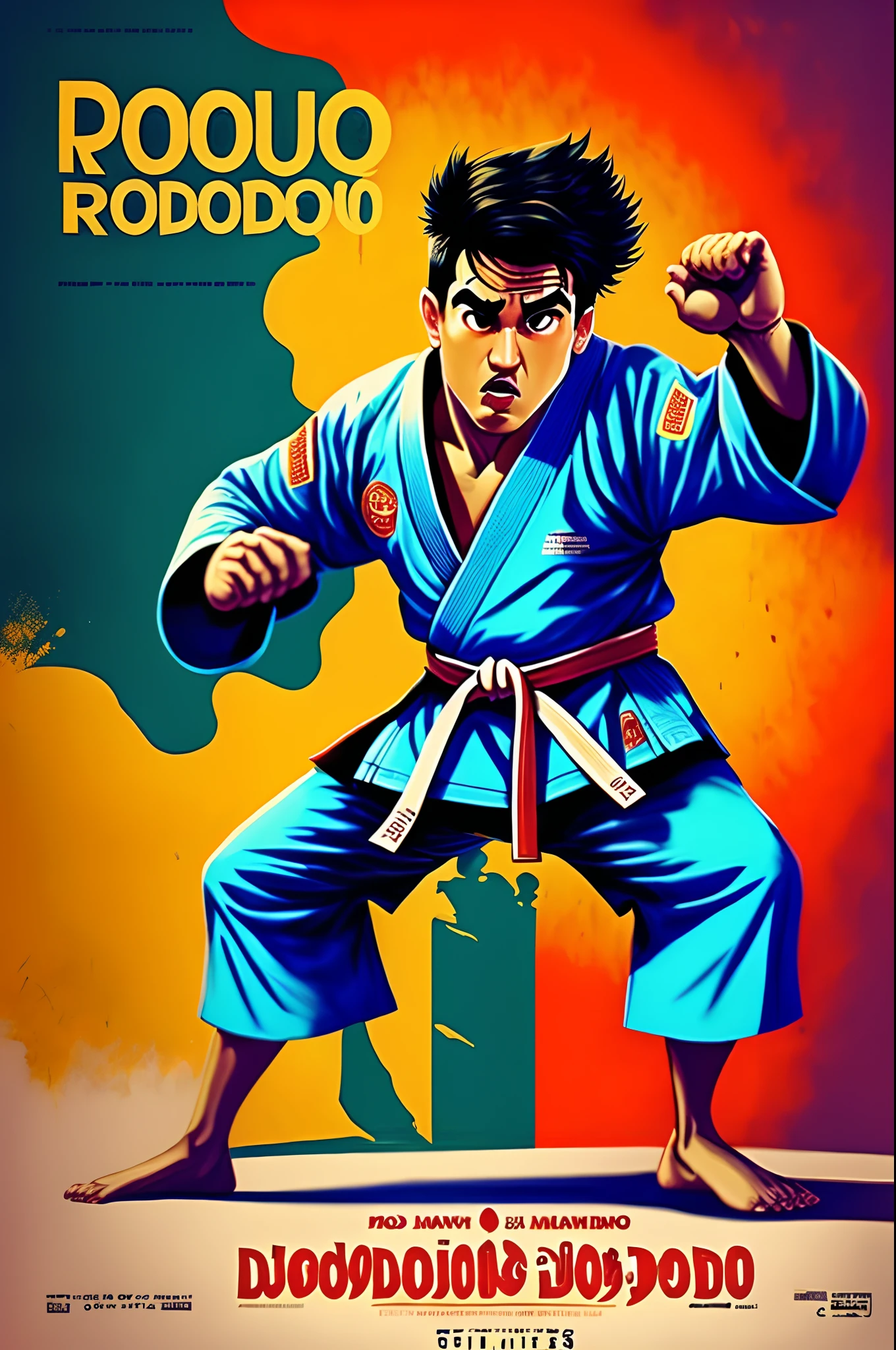Disney-inspired film poster. Titled ("Dojô Rodrigo Mendes"), the scene should take place during a karate class in a dojô. Use vibrant colors
