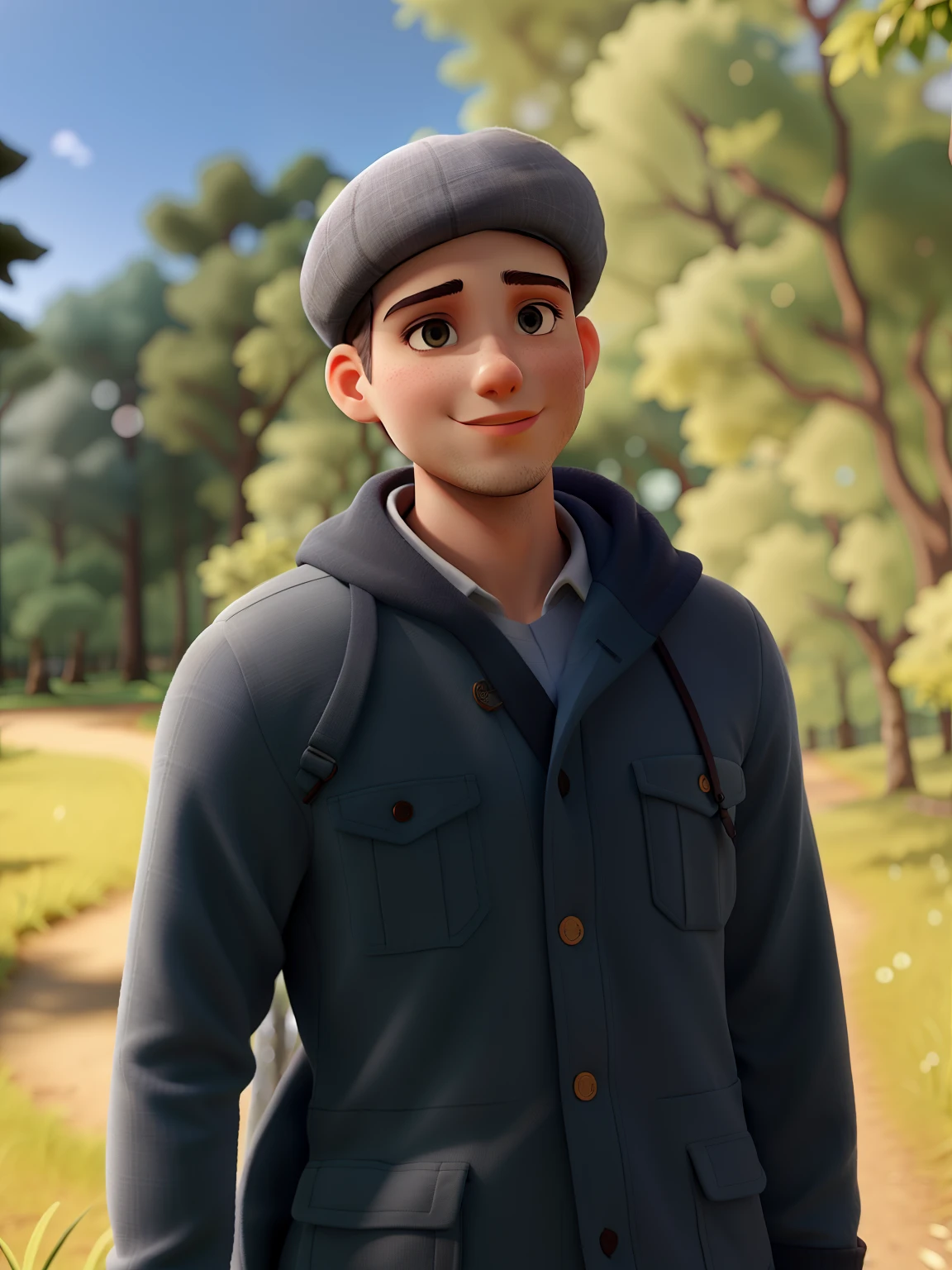 Rapaz moreno parado na frente, wears a grey cotton beret, iluminado pela luz do sol, Behind a backdrop of a woods and some trees.