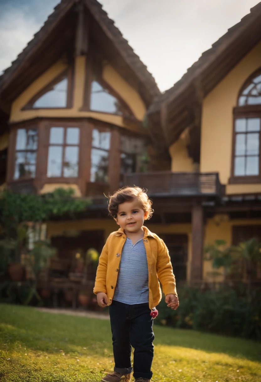 : Miguel, aproximadamente 5 anos de idade, cabelo curto estilo Disney, olhos castanhos e sorrisos. garota: Giovana, 2 anos, longos cabelos pretos e olhos azuis. scenecy: Miguel and Giovana are in a cozy little house in the valley, ao fundo um dia ensolarado, Destacando o Sol.