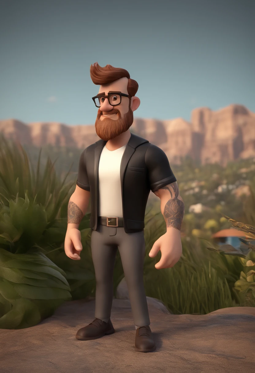 Cartoon character of a man with black glasses and a black polo shirt, cabelo liso, With beard and old school tattoo on his arm, animation character, Caractere estilizado, animation style rendering, 3D estilizado, Arnold Maya render, 3 d render stylized, toon render keyshot, Personagem 3D, Personagem 3D, 3d rendering stylized, 3 d character render, personagem de desenho animado, Personagem de close up, Pose de personagem, (Estilo Pixar) (master part:1.2) (Bokeh) (best quality) (pele detalhada) (textura detalhada) (8k) (argila) (Cinematic lighting) (foco nítido