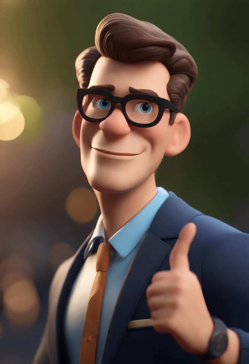 Cartoon character of a man wearing black glasses and a blue shirt, um personagem animado, Caractere estilizado, animation style rendering, 3D estilizado, Arnold Maya render, 3 d render stylized, toon render keyshot, Personagem 3D, Personagem 3D, 3d rendering stylized, 3 d character render, personagem de desenho animado, Personagem de close up, Pose de personagem, (Estilo Pixar) (master part:1.2) (Bokeh) (best quality) (pele detalhada) (textura detalhada) (8k) (argila) (Cinematic lighting) (foco nítido,Senta e vaza a parte superior do corpo