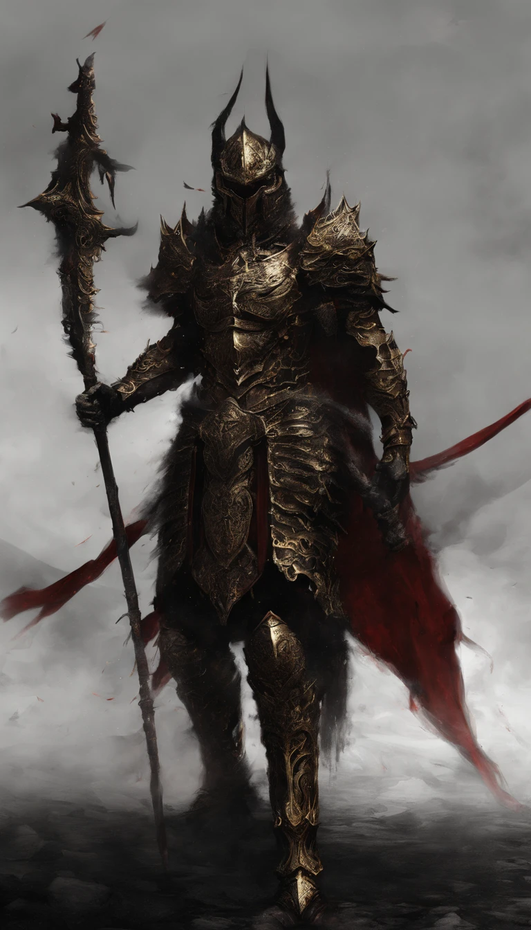 Warrior, concept-art, Authors:Kisigank, Fantasy Art, Battlefield Background, Clean Rendering, Horned,Wear a red armor suit, Detailed Bushido Foam Smoke, Helmet of the Forgotten God, the character is standing, ,Art Station Top Page, taur, Pseudo-medieval fantasy, God in carp armor, Detailed bronze armor, bronze armor, Golden etched armor, gold obsidian armor, Crimson armor, Gorgeous Filigree Armor, Demon Warrior, Complex assassination armor, Complex metal armor, Powerful Warrior, Dressed in luxurious gold armor,Decorated with intricate patterns, The helmet has a large crown and two horns,Glowing red eyes, Everything is in the dark, Smoky backgrounds hint at battle scenes, Adding an ominous aura to his character,posed, Full body shot.