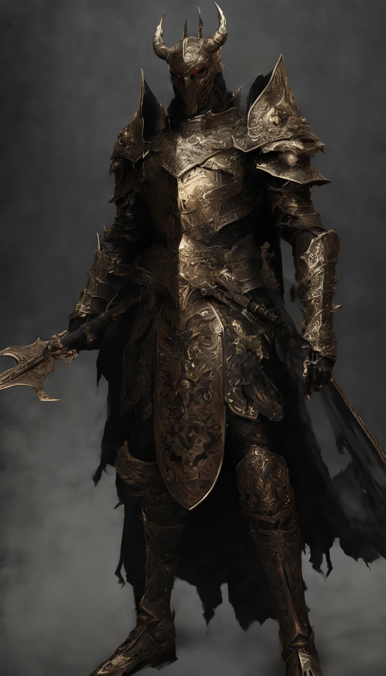 Warrior, concept-art, Authors：Kisigank, Fantasy Art, Battlefield Background, Clean Rendering, Horned,Wear a red armor suit, Detailed Bushido Foam Smoke, Helmet of the Forgotten God, the character is standing, ,Art Station Top Page, taur, Pseudo-medieval fantasy, God in carp armor, Detailed bronze armor, bronze armor, Golden etched armor, gold obsidian armor, Crimson armor, Gorgeous Filigree Armor, Demon Warrior, Complex assassination armor, Complex metal armor, Powerful Warrior, Dressed in luxurious gold armor，Decorated with intricate patterns, The helmet has a large crown and two horns,Glowing red eyes， Everything is in the dark, Smoky backgrounds hint at battle scenes, Adding an ominous aura to his character，posed, Full body shot.