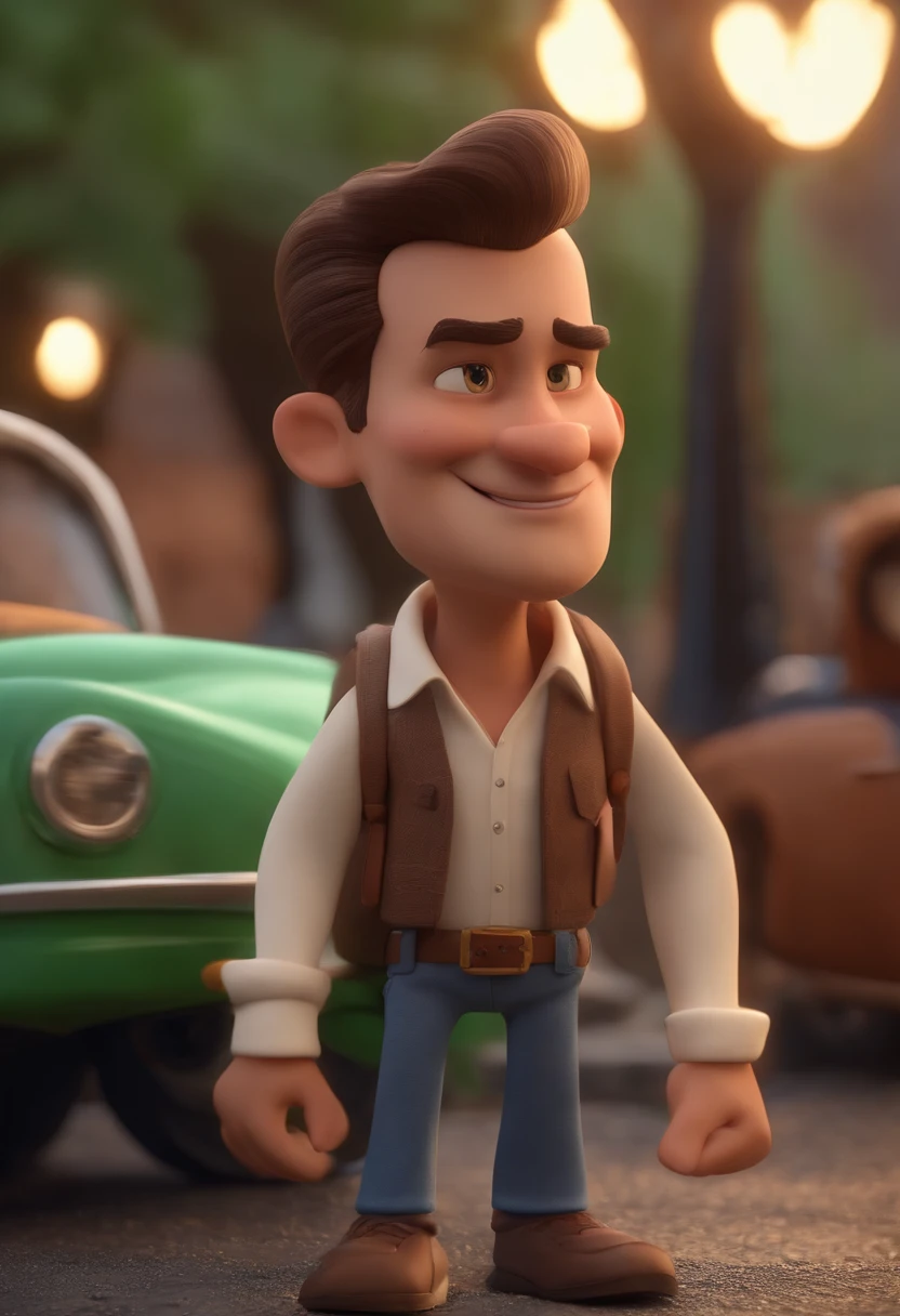 personagem dos desenhos animados Homem branco com cabelos castanhos escuros, com topete, de terno preto sem gravata com camisa branca parado em frente a uma parede de de pastilhas pretas brilhosas, On Oscar Freire Street in Sao Paulo, Animation Character, Caractere estilizado, animation style rendering, 3D estilizado, Arnold Maya render, 3 d render stylized, toon render keyshot, Personagem 3D, Personagem 3D, 3d rendering stylized, 3 d character render, personagem de desenho animado, Personagem de close up, Pose de personagem, (Estilo Pixar) (master part:1.2) (Bokeh) (best quality) (pele detalhada) (textura detalhada) (8k) (argila) (Cinematic lighting) (foco nítido