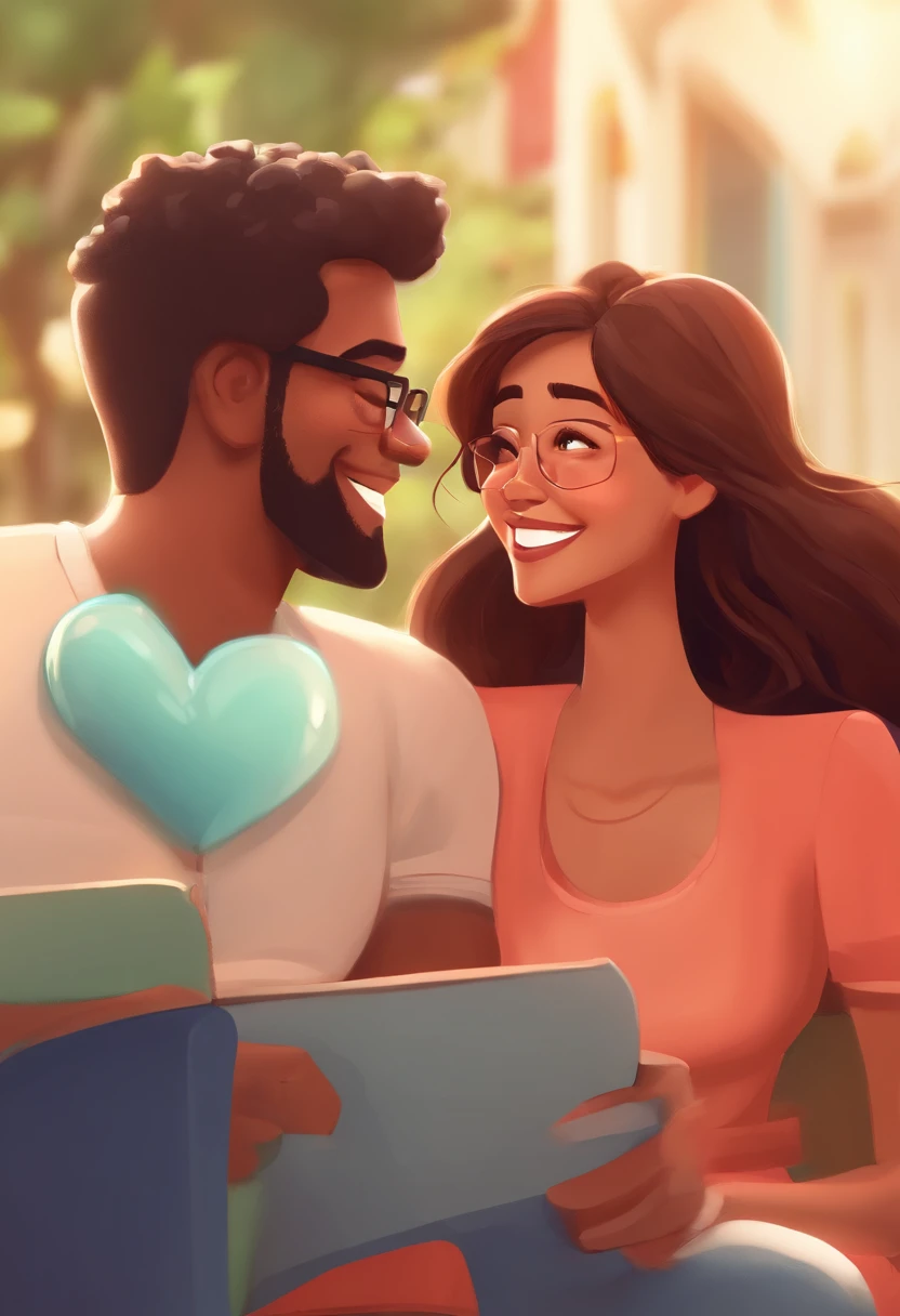 An illustration of an adorable couple, Highlight for a chubby mulatto man with glasses smiling and a brunette woman with beautiful expressive eyes - the man's skin is mulatto and the man's hair haswhile the woman's skin is black and the woman's hair is straight and brown. They are a bright room, cada um com um sorriso no rosto, e compartilhar um momento especial caracterizado pelo amor, Insights. Illustrate this scene from a perspective where they are facing the camera, Smiling and Showing Your Connection. Desenvolva esta arte em Full HD, Focus on your cinematic touch, Estilo Disney Pixar Animations