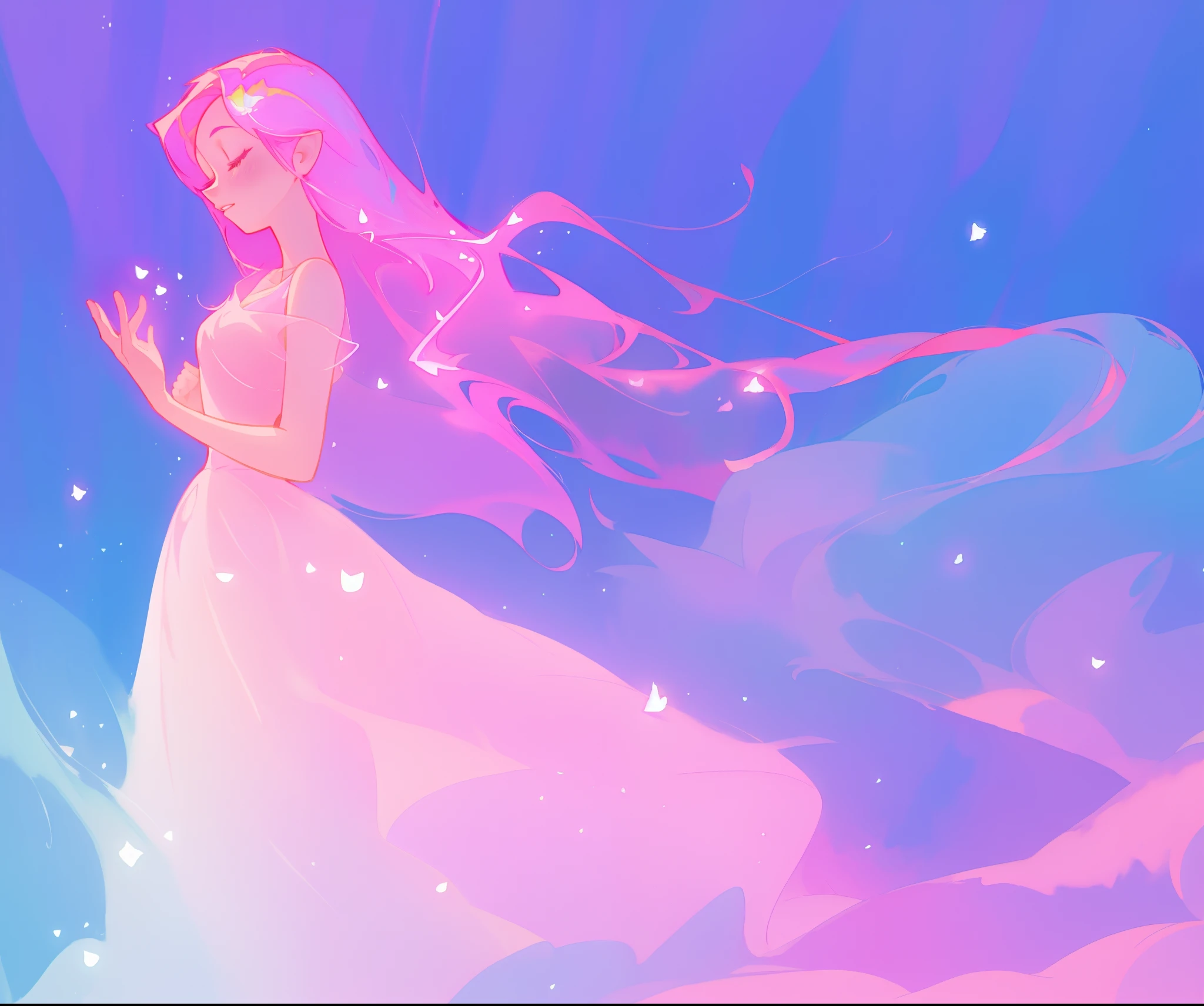 beautiful girl in sparkling multi-layer ballgown, long sparkling pink hair, fantasia background, watercolor illustration, inspired by Glen Keane, inspired by Lois van Baarle, disney art style, by Lois van Baarle, glowing aura around her, by Glen Keane, jen bartel, glowing lights! digital painting, flowing glowing hair, glowing flowing hair, beautiful digital illustration, fantasia otherworldly landscape plants flowers, beautiful, masterpiece, best quality, anime disney style