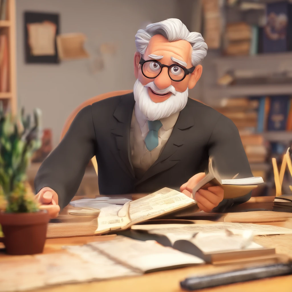 Crie um cartaz inspirado na Disney Pixar com o personagem sendo o pastor Rubens Janier, A gray-haired man wearing glasses, in an office with a Bible on the table