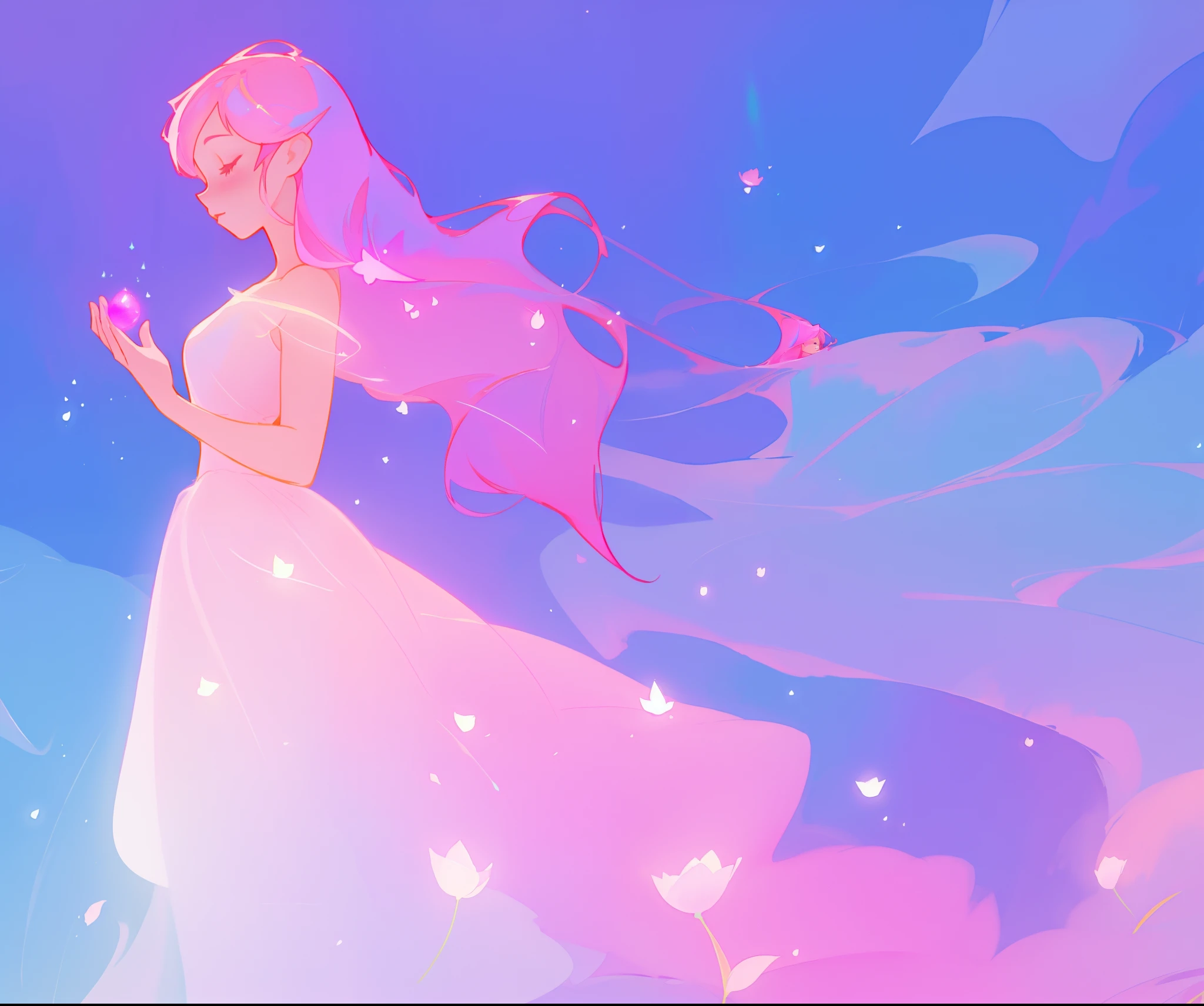 beautiful girl in sparkling multi-layer ballgown, long sparkling pink hair, fantasia background, watercolor illustration, inspired by Glen Keane, inspired by Lois van Baarle, disney art style, by Lois van Baarle, glowing aura around her, by Glen Keane, jen bartel, glowing lights! digital painting, flowing glowing hair, glowing flowing hair, beautiful digital illustration, fantasia otherworldly landscape plants flowers, beautiful, masterpiece, best quality, anime disney style