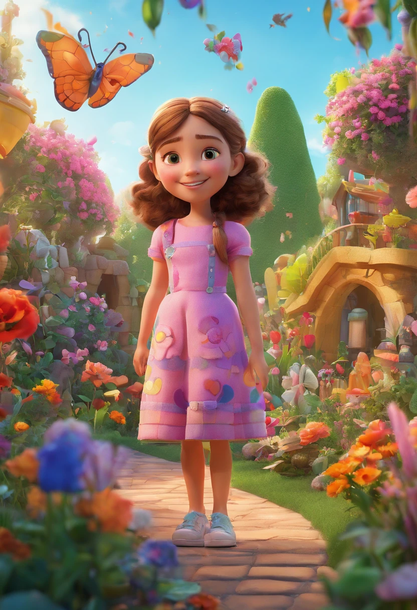 An adorable girl in a Pixar-style garden, surrounded by vibrant flowers and lush greenery. Her eyes are bright and detailed, reflecting the joy and wonder in her heart. Her lips are beautifully shaped, adding a touch of innocence to her charming face. The girl's appearance is full of life, with rosy cheeks and a warm smile that lights up the entire scene. She is wearing a colorful dress, adding to the whimsy and playfulness of the artwork. The garden is filled with various Pixar characters and objects, making it a magical and enchanting place. The artwork is created using a combination of illustration and 3D rendering, resulting in a visually stunning fusion of styles. The image quality is of the highest standard, with sharp details and realistic texture. The colors are vivid and vibrant, adding to the overall lively and energetic atmosphere. The lighting in the garden is soft and warm, casting a gentle glow on the girl and the surroundings, creating a sense of comfort and happiness.