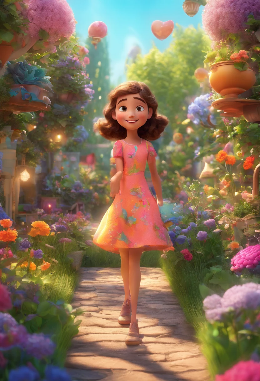 An adorable girl in a Pixar-style garden, surrounded by vibrant flowers and lush greenery. Her eyes are bright and detailed, reflecting the joy and wonder in her heart. Her lips are beautifully shaped, adding a touch of innocence to her charming face. The girl's appearance is full of life, with rosy cheeks and a warm smile that lights up the entire scene. She is wearing a colorful dress, adding to the whimsy and playfulness of the artwork. The garden is filled with various Pixar characters and objects, making it a magical and enchanting place. The artwork is created using a combination of illustration and 3D rendering, resulting in a visually stunning fusion of styles. The image quality is of the highest standard, with sharp details and realistic texture. The colors are vivid and vibrant, adding to the overall lively and energetic atmosphere. The lighting in the garden is soft and warm, casting a gentle glow on the girl and the surroundings, creating a sense of comfort and happiness.