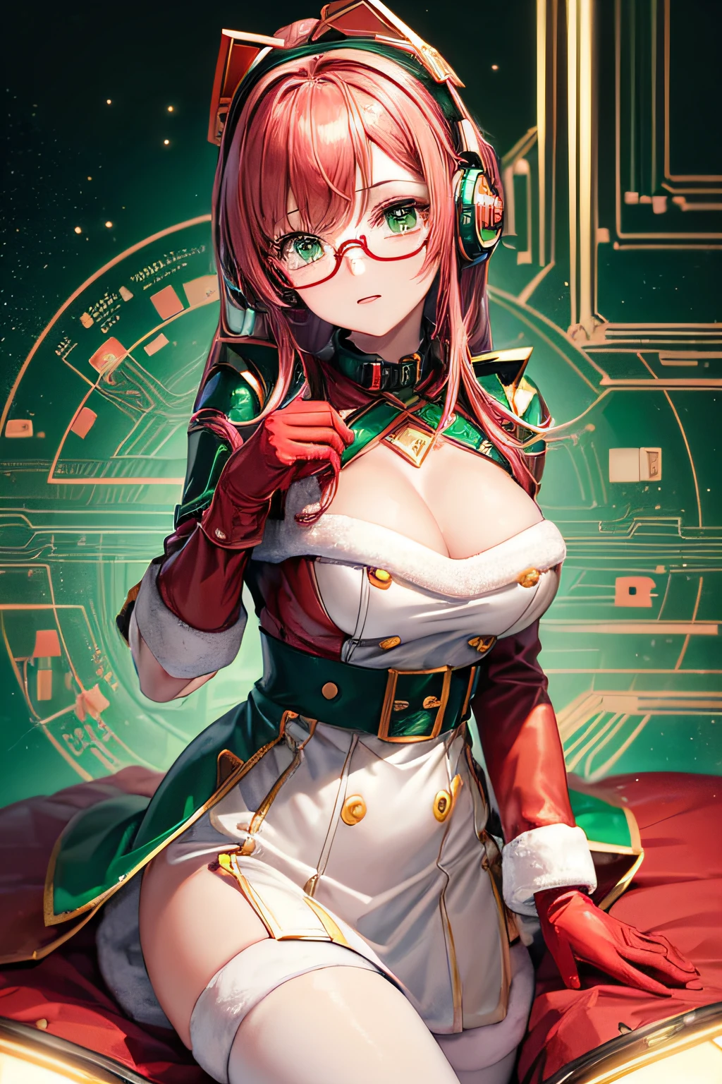 ((worst quality, low-quality)), Super delicate, masterpiece,Composition of the upper body, girl with, Solo, (Big breasts), ((chest opened, santa costume:1.2)), (Green hair, Longhaire), Hair over one eye, (Under-rim glasses:1.3),plump shiny lips, Beautiful clear eyes, Spoken Heart, Leaning forward, embarrassed,(Green and red theme:1.4), (Cyberpunk Fashion:1.2),(Christmas-themed dresses:1.2), (Circuit Pattern Stockings:1.1), (Metallic Hair Clip:1.2), (Open jacket:1.3), (The tube extending from the futuristic headset has a part that emits red light:1.3), (Pink sparkling geometric pattern on christmas dress:1.3), (Electronic circuit patterns that emit illumination light:1.3), ((Electronic circuit embedding, Multi-layer armor plates) With fluorescent red oversized open military jacket:1.3), (Black Harness:1.3), (Fluorescent red ski boots:1.1), ((Red Military Gloves):1.2), masutepiece,Best Quality,ultra-detailliert,masterpiece,