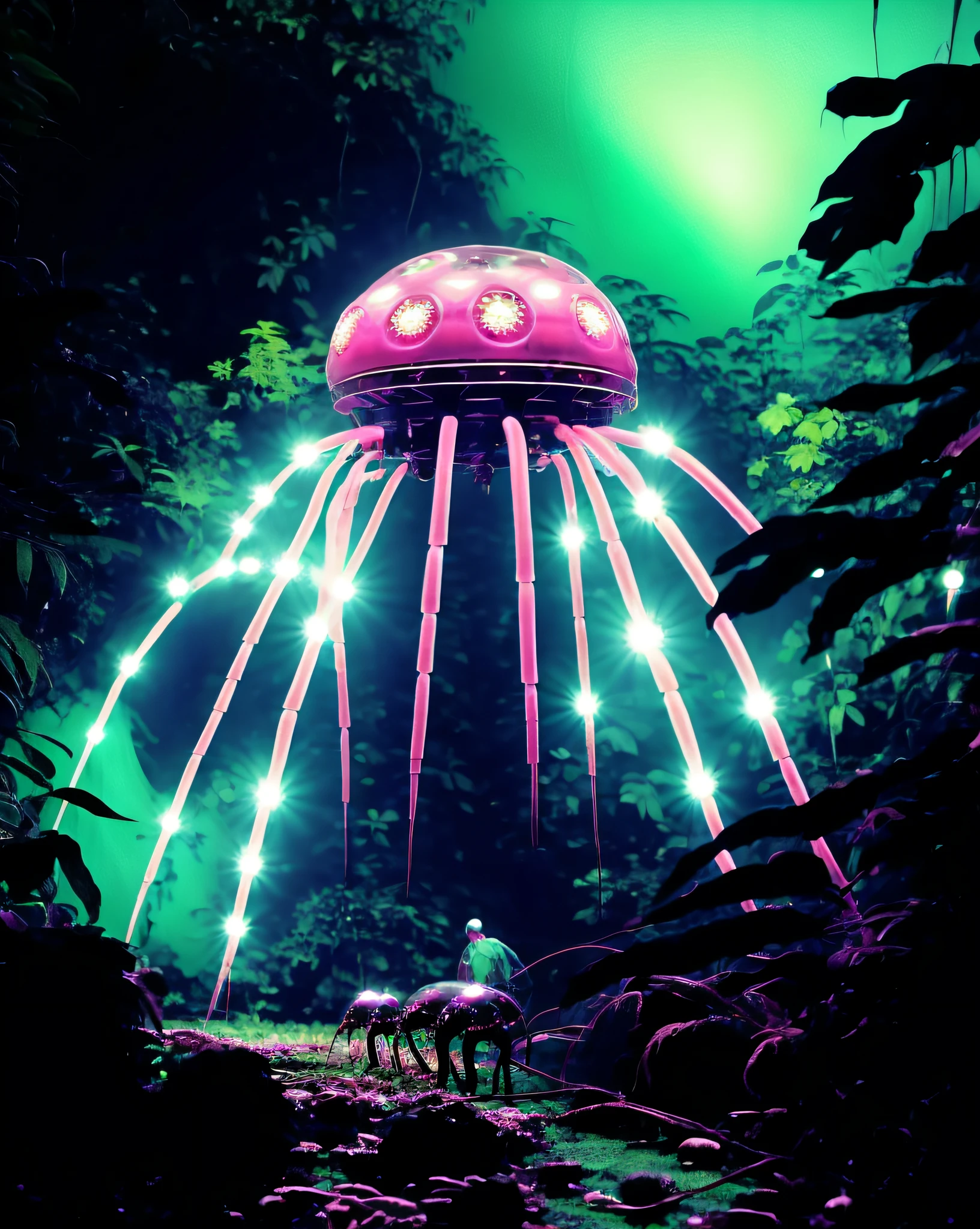 Deep within a lush rainforest, a scientist discovers a new species of bioluminescent insects, their soft glow creating a surreal and enchanting ambiance: rainforest exploration:0.9, bioluminescence:0.8, new species discovery:0.7, enchanting ecosystem:0.6.  ,