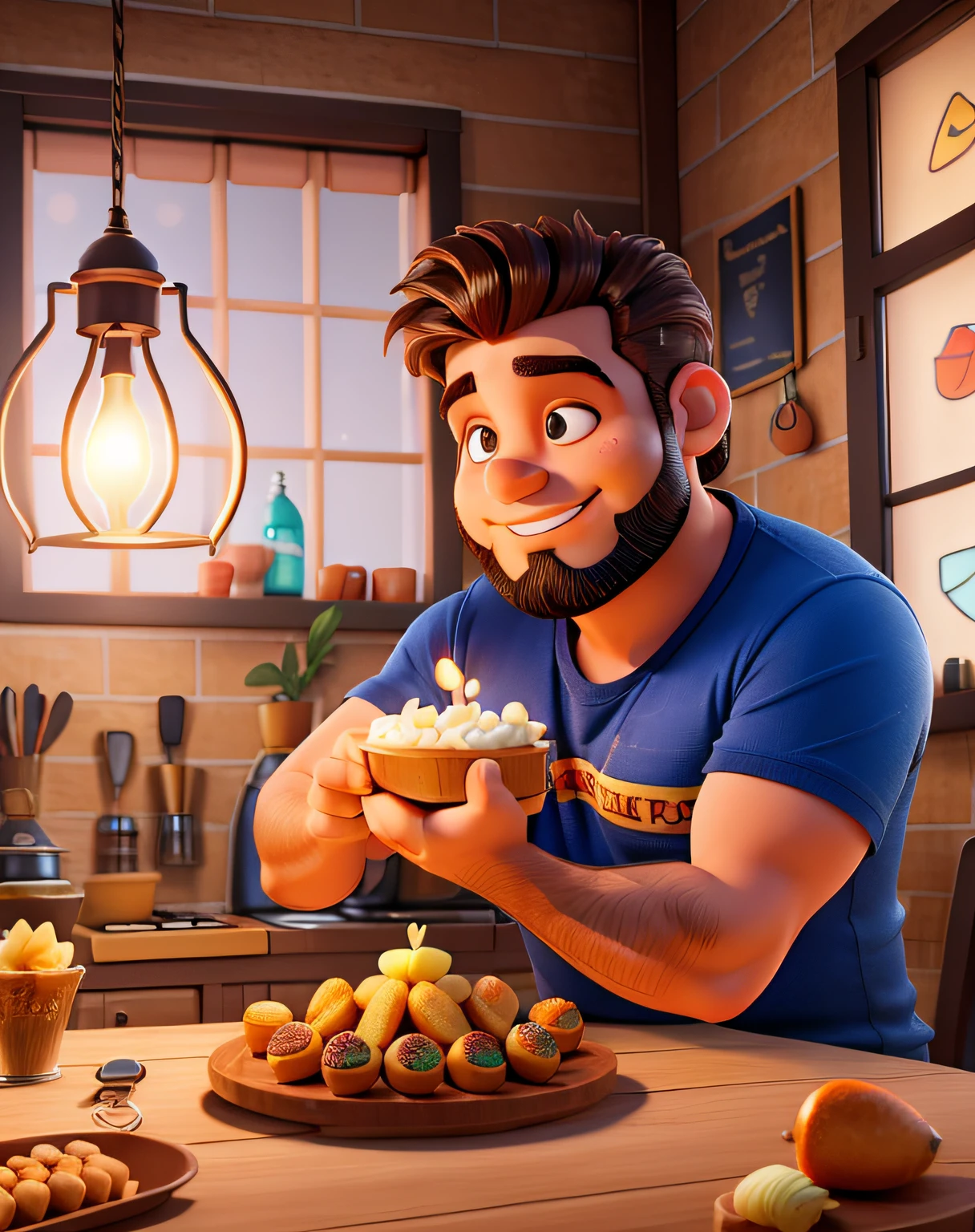 Um gordinho de cabelo cortado em volta de uma cadeira de barbeiroaltura de 1,70, illuminated by the light of a lamp, contra o pano de fundo de uma barbearia