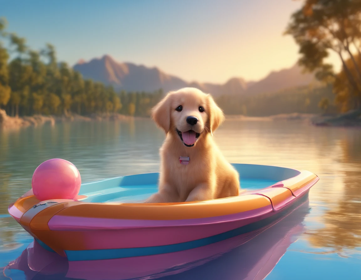 No estilo Disney Pixar, breed a Golden Retriever puppy, female, utilizando um colete salva vidas na cor rosa, Swimming in a lake next to a speedboat, em um dia de sol.