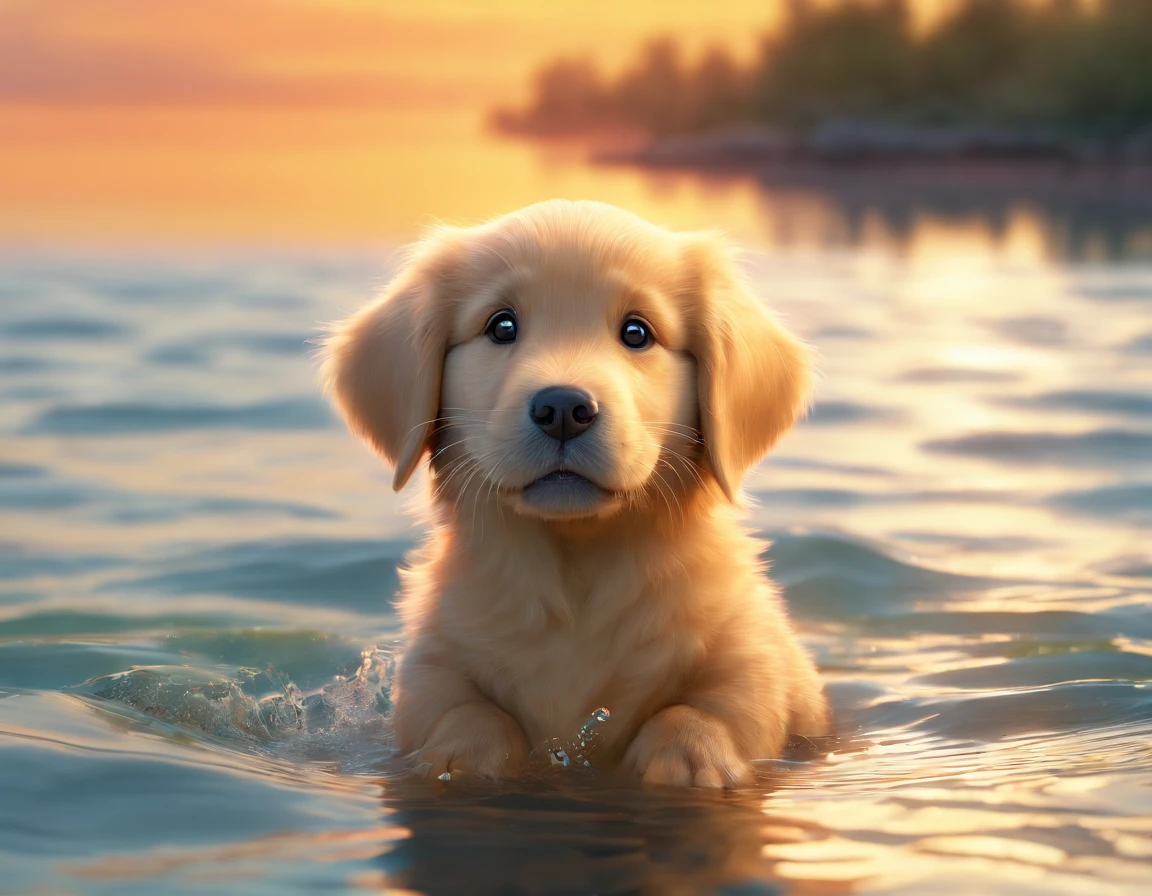No estilo Disney Pixar, breed a Golden Retriever puppy, female, utilizando um colete salva vidas na cor rosa, Swimming in a lake next to a speedboat, em um dia de sol.
