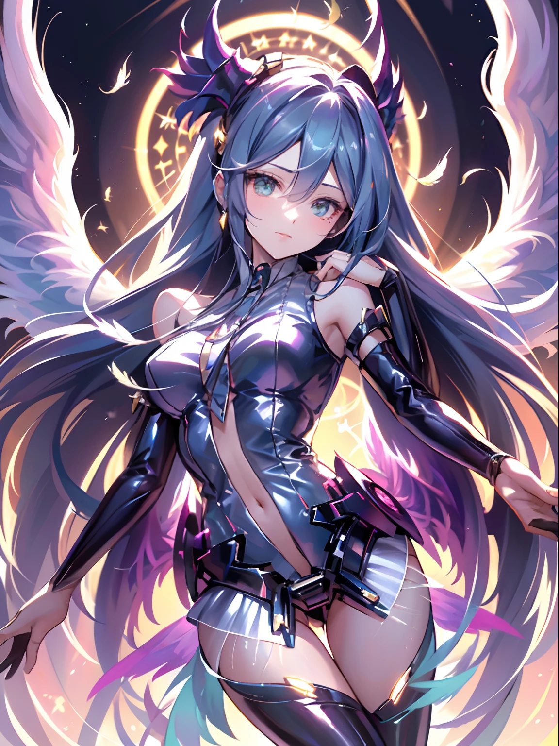 1 mujer dark magician:2 Celestial angel version:1 extendiendo sus alas:3 con un abrigo de plumas blancas, Alas llenas de espalda, Halo radiante, Cabello largo que fluye, Mechanical wings dancing delicately at the waist, Figura mediana, Ombligo hundido, curtains of white feathers in the pelvis moving slightly, mini alas salpicando el cuerpo, multiple wings that emit a yellow glow, fuego amarillo suave entre las alas. Beautiful dark magician girl celestial angel version.