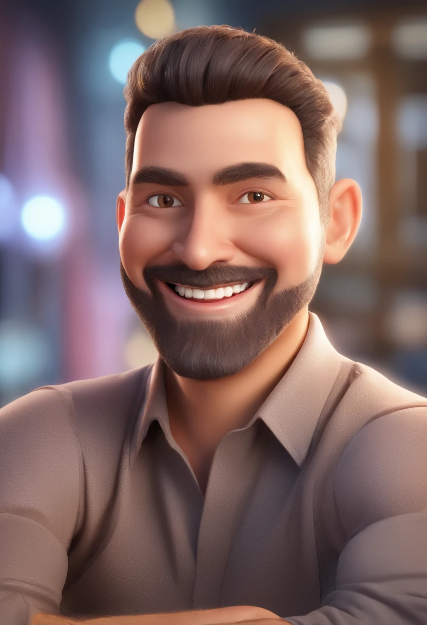 Smiling Man Illustration, sorriso insano, Homem de pele marrom com um sorriso gigante, happily smiling at the camera, sorriso atrevido, he's smiling, sorriso muito grande, Macho sorridente, foto de perfil headshot, rindo sorriso enorme, desenhando no estilo de Arte 3D, c4d, fundo de cor branco puro, estilo disney, estilo pixar render ilustracao Super Detalhe, 8k