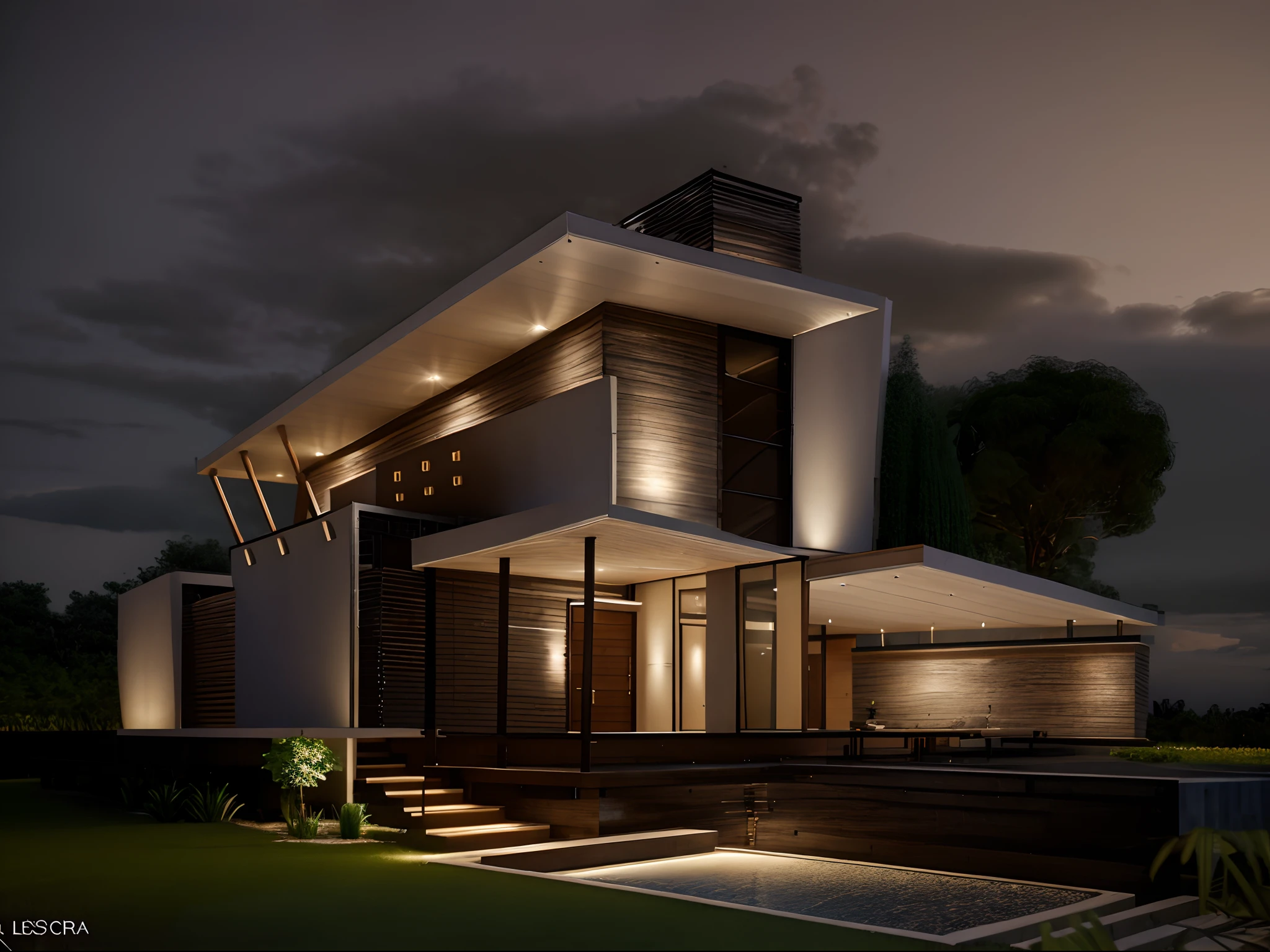 A modern construction for a house in a luxury condominium, Contemporary architecture The look is beautiful with supporting pillars, Acabamento Brisa, Wooded area with trees behind the building, ultra realistic, detalhes intrincados, cinematic lights, 8k