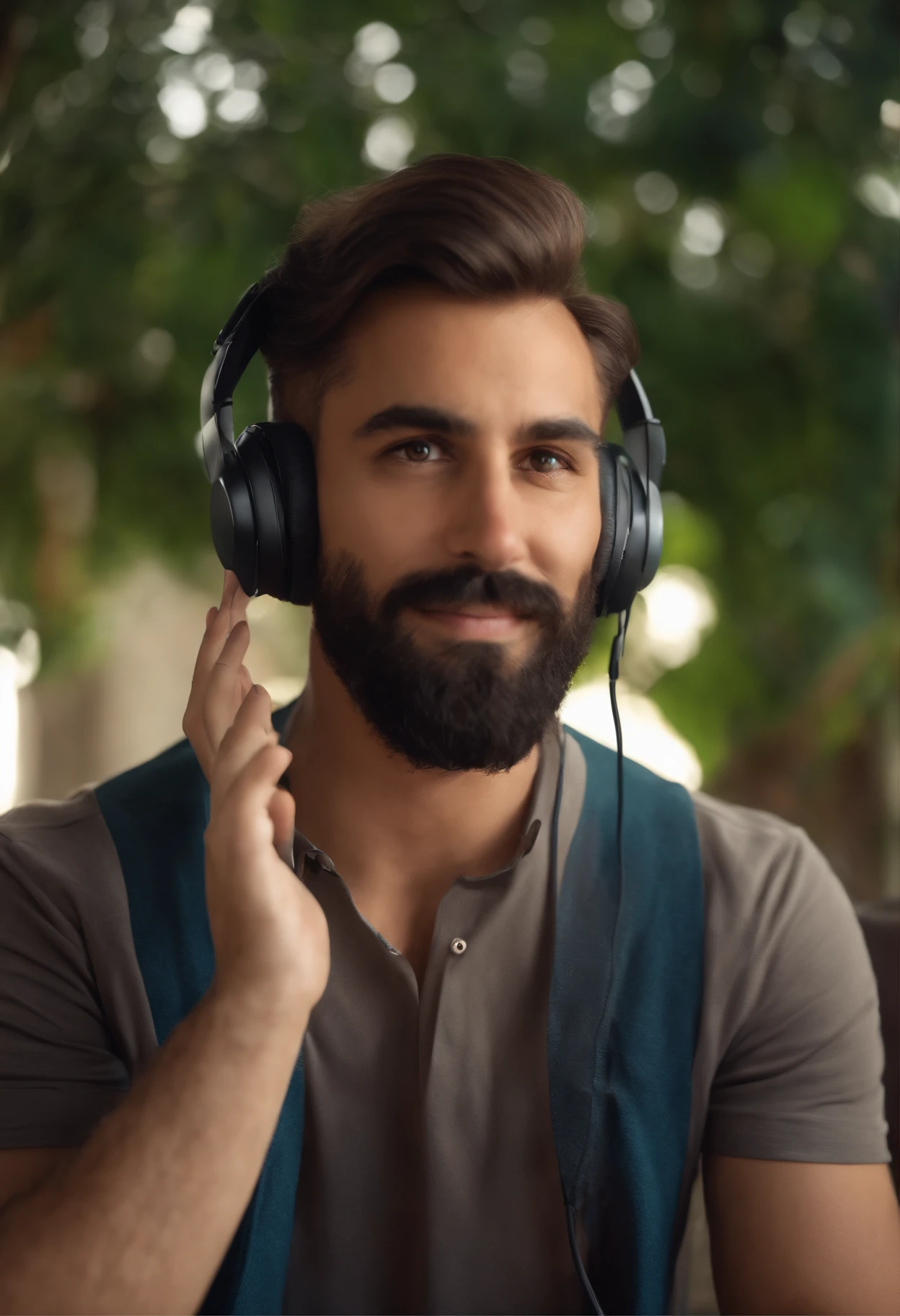 um homem, em breve, barba curta, olhos castanhos, com fones de ouvido, a jogar consola, sala gaming no fundo, Imagem no estilo Pixar, Estilo de filme animado 3D, Disney, camiseta preta