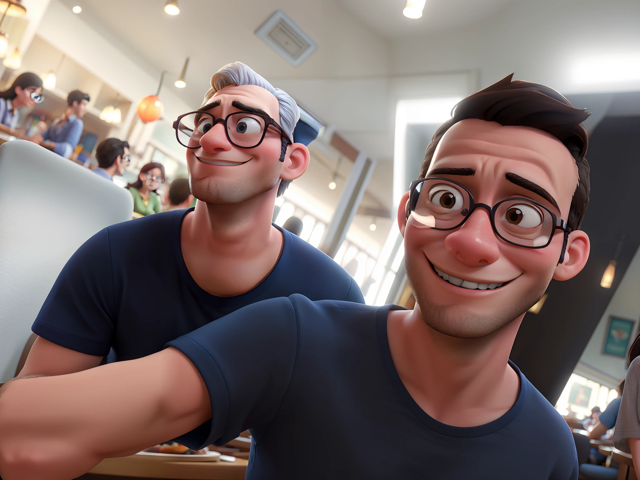 Disney Style Couple With Glasses Smiling In Restaurant.