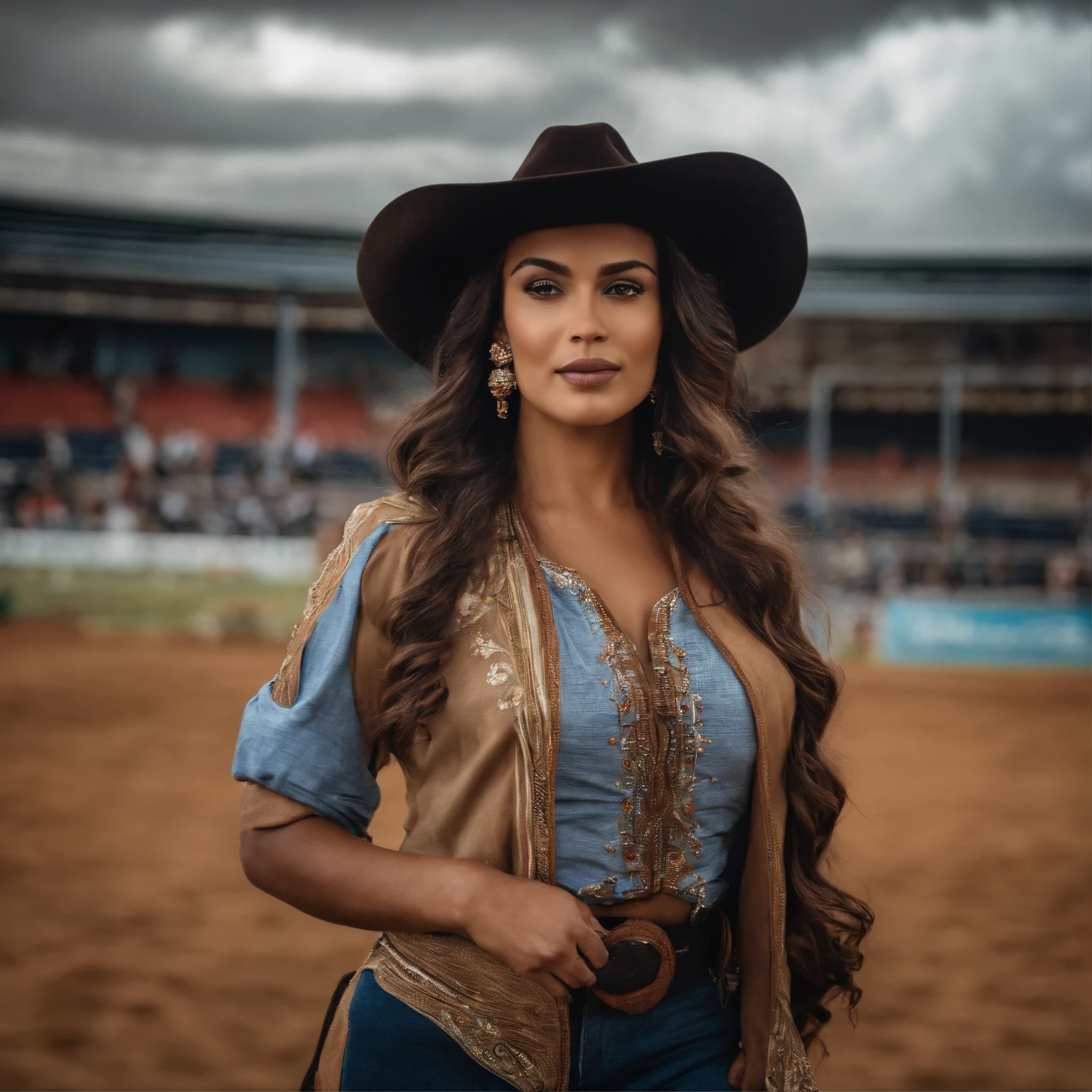 Retrato de um belo cavaleiro de rodeio de 25 anos com um perfeito, beautiful face, brasileiro, em cima de um touro ( em uma arena de rodeio, )