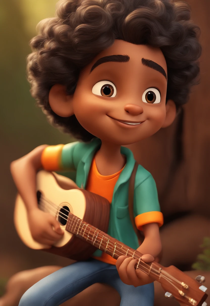 crie um banner no estilo Pixar. A boy with Indian features, moreno pardo com cabelos curtos, Castanhos escuros, Curly and slightly grayish appearance, mas jovem, usando uma camiseta, Wearing jeans and holding a classical guitar with 7 strings.