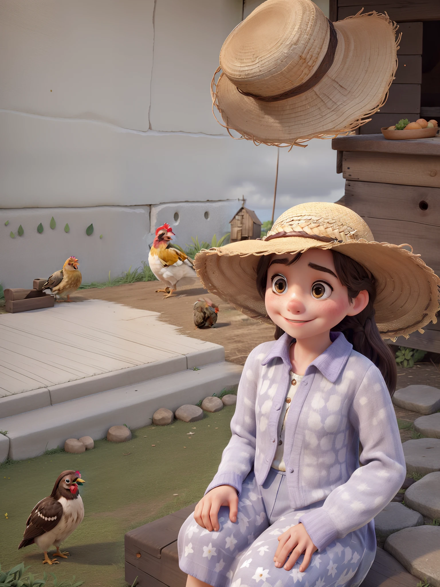 Once upon a time there was a young girl sitting on the road looking back, there were birds, chicken, trees and she had long hair with a straw hat on her head and brown, the day was so beautiful inside her farm