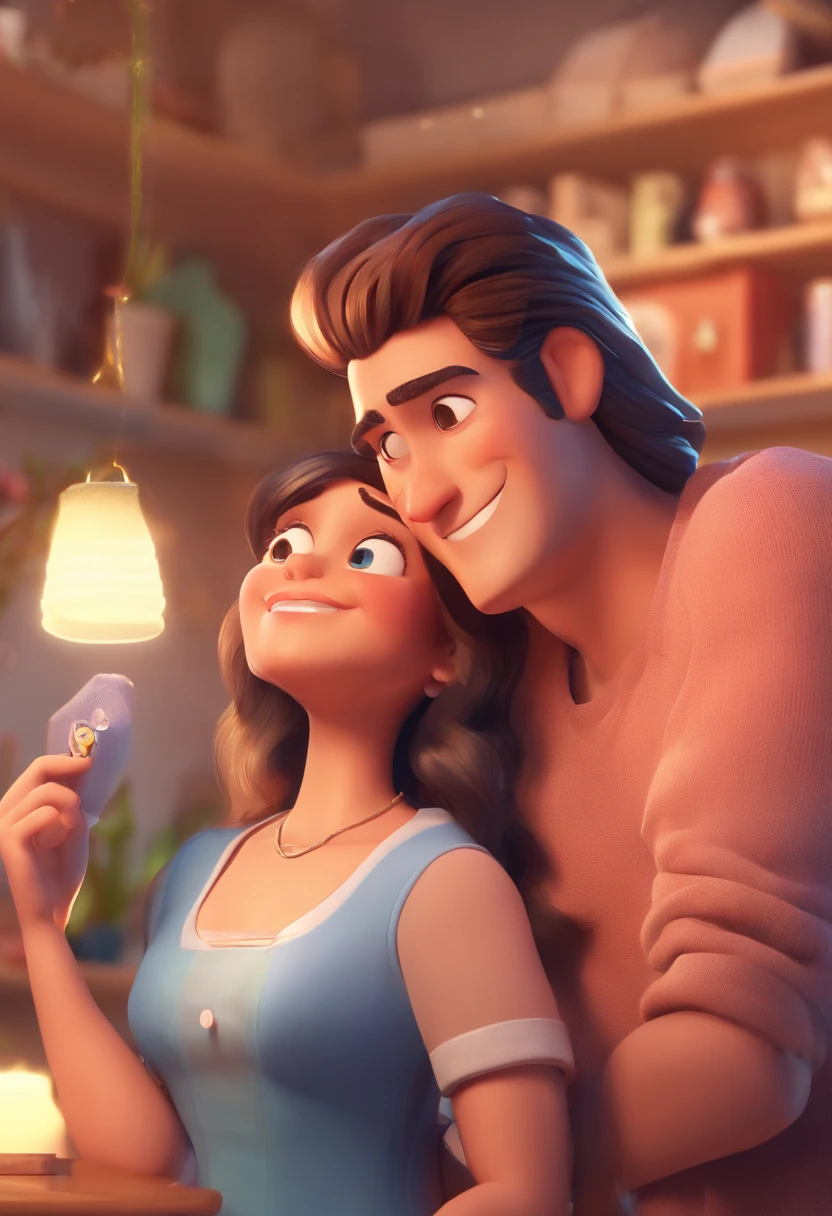 An illustration of an adorable couple, destacando um homem e uma mulher com bonito, Expressive eyes – the man's skin is black and the man's hair is bald and black, while the woman's skin is black and the woman's hair is curly and brown. They are a bright room, cada um com um sorriso no rosto, e compartilhar um momento especial caracterizado pelo amor, arroz, e insights educacionais. Illustrate this scene from a perspective where they are facing away from the camera, Showing Your Connection. Desenvolva esta arte em Full HD, Focus on your cinematic touch, Estilo Disney Pixar Animations