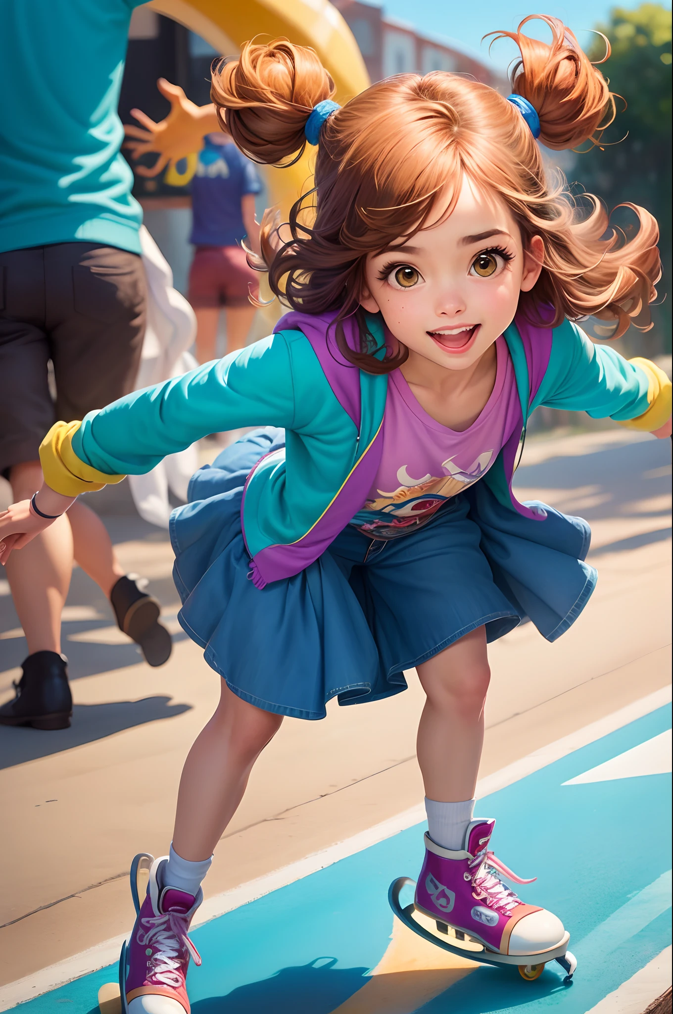 Crie uma imagem no estilo Pixar Disney de uma menina andando de patins online, de capacete e joelheira