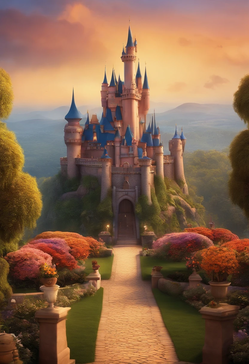 Um filme inspirado na Disney Pixar (Menina morena cabelo cacheados 6 anos COM CABELO curto CACHEADO PRETO) The scene is in the distinctive art of the PIXAR style: a cool and stylish castle with a square with flowers and trees
