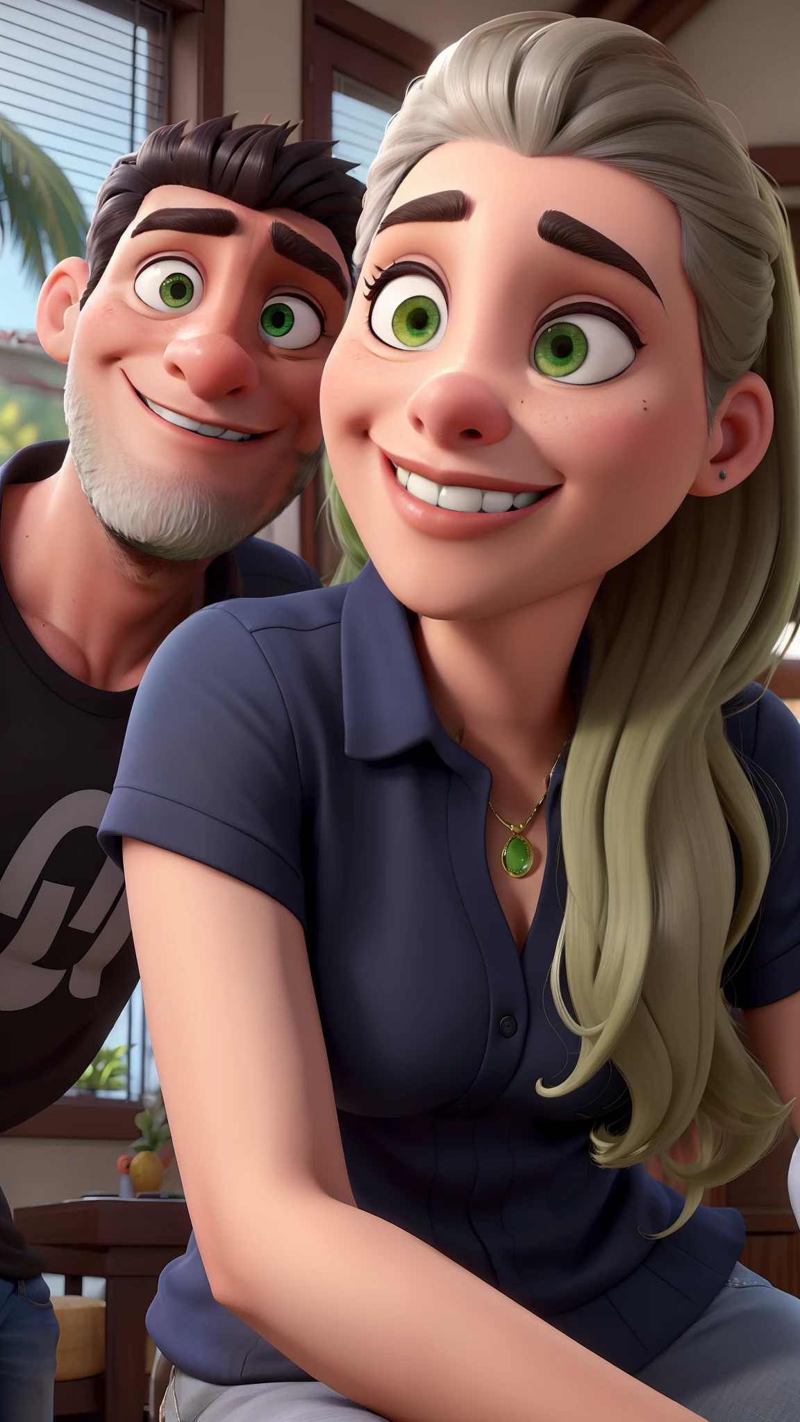 Um casal de pele branca, cabelos preto, olhos pretos, cabelos preto, olhos verdes, estilo Disney pixar , alta qualidade, melhor qualidade