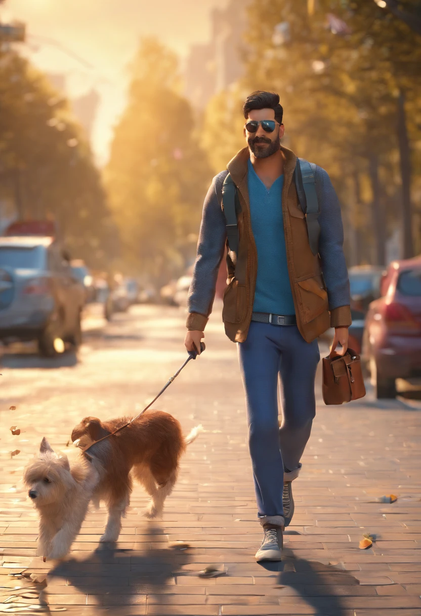 Um homem caminhando com um cachorro