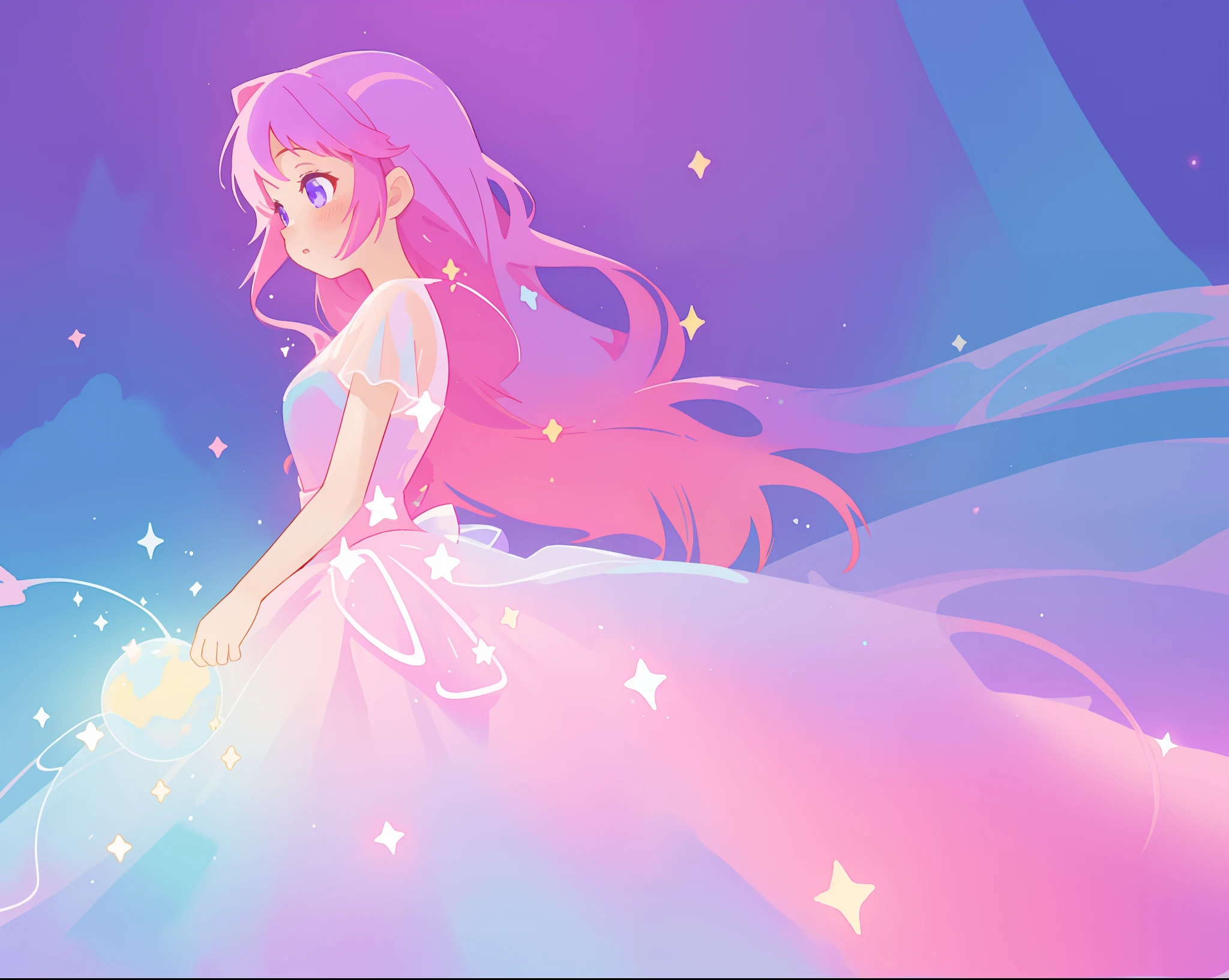beautiful girl in colorful sparkling flowing ballgown, puffy shimmering ballgown dress, long flowing purple pink hair, colorful sparkling lights, flowing liquid theme, colorful fantasia background, watercolor illustration, glowing aura around her, glowing lights, beautiful digital illustration, beautiful, masterpiece, best quality