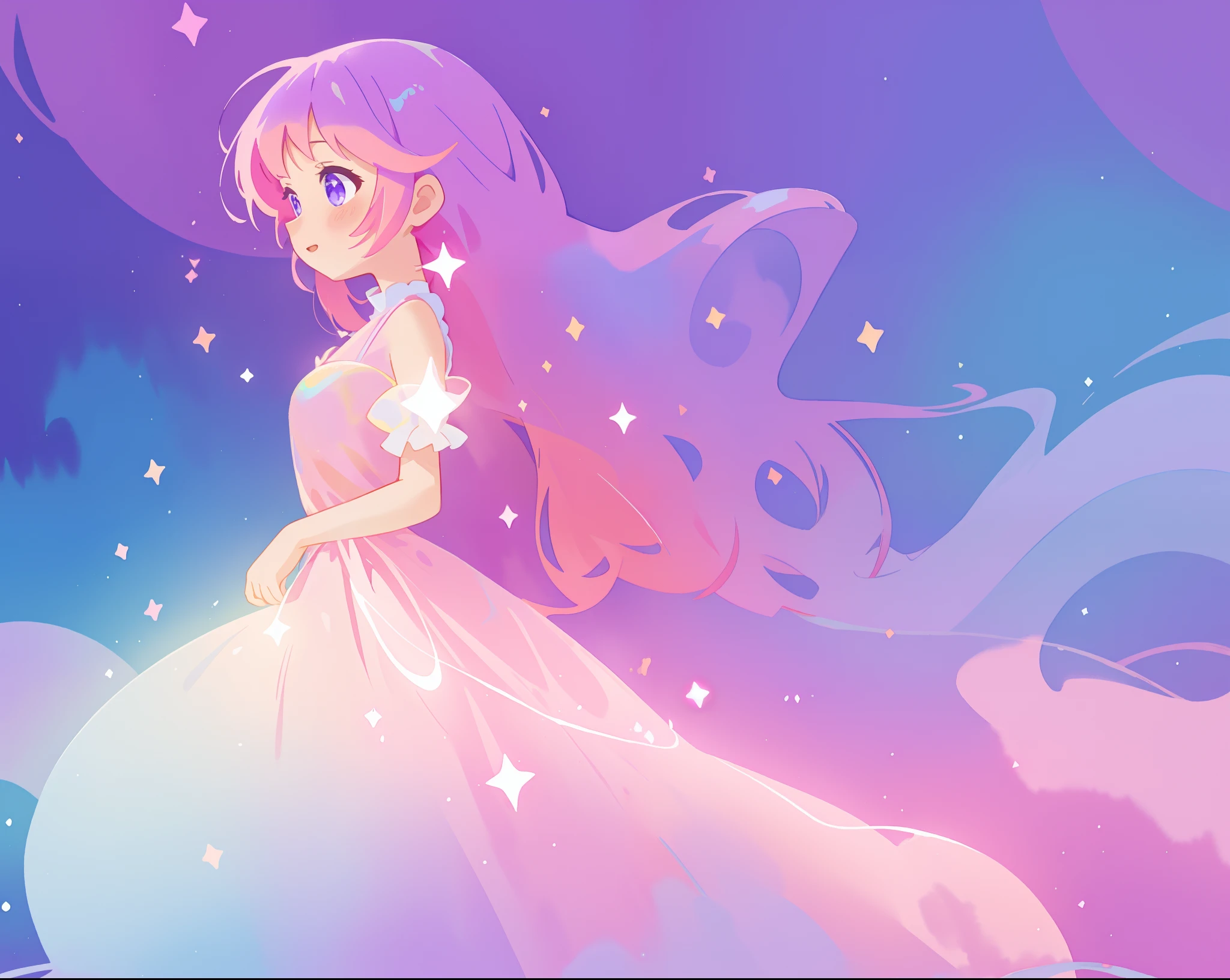 beautiful girl in colorful sparkling flowing ballgown, puffy shimmering ballgown dress, long flowing purple pink hair, colorful sparkling lights, flowing liquid theme, colorful fantasia background, watercolor illustration, glowing aura around her, glowing lights, beautiful digital illustration, beautiful, masterpiece, best quality