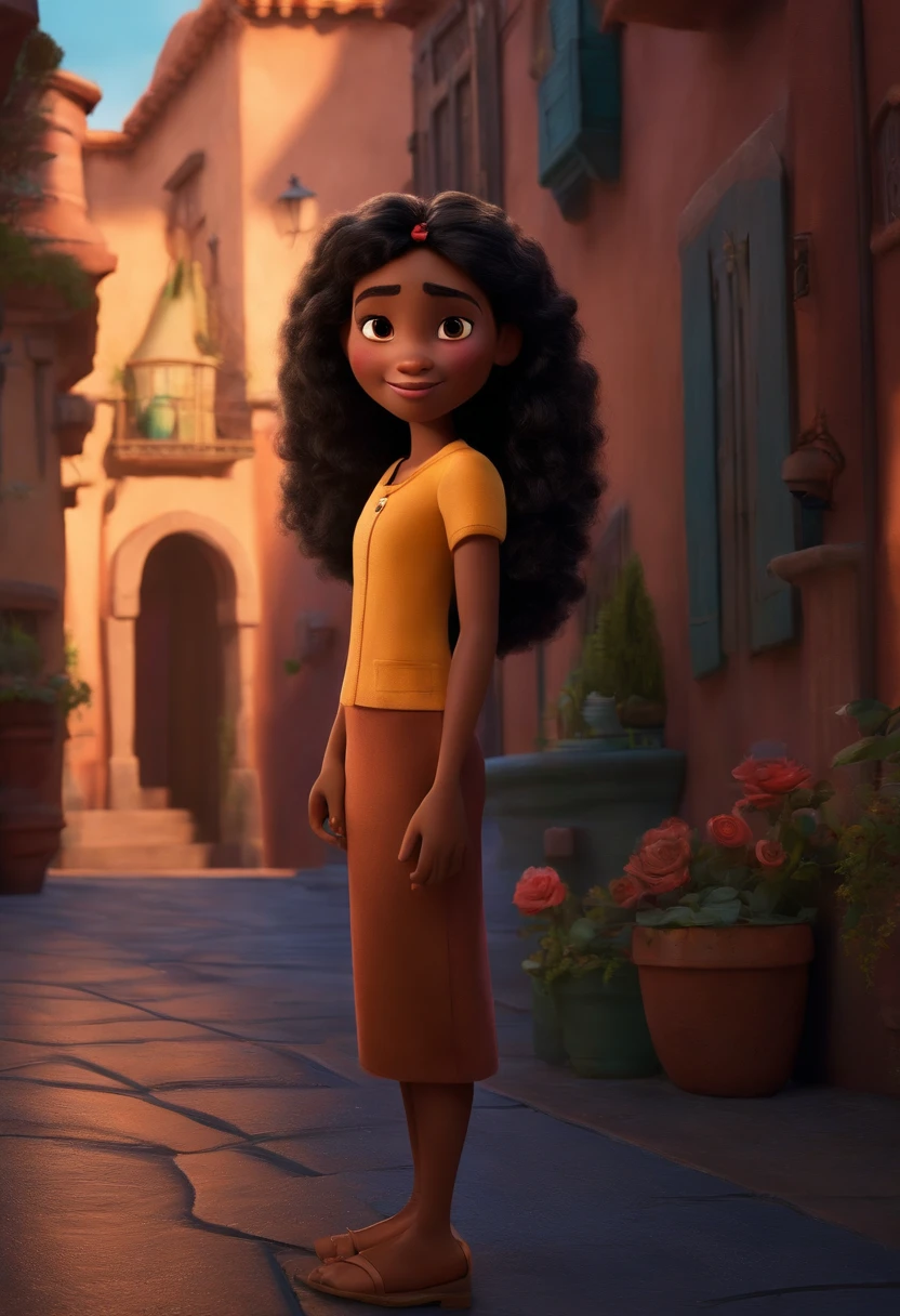 Um filme inspirado na Disney Pixar ( NEGRA JOVEM COM CABELO LONGO CACHEADO PRETO) dentro A cena estar na arte distinta do estilo PIXAR, descolada e estilosa