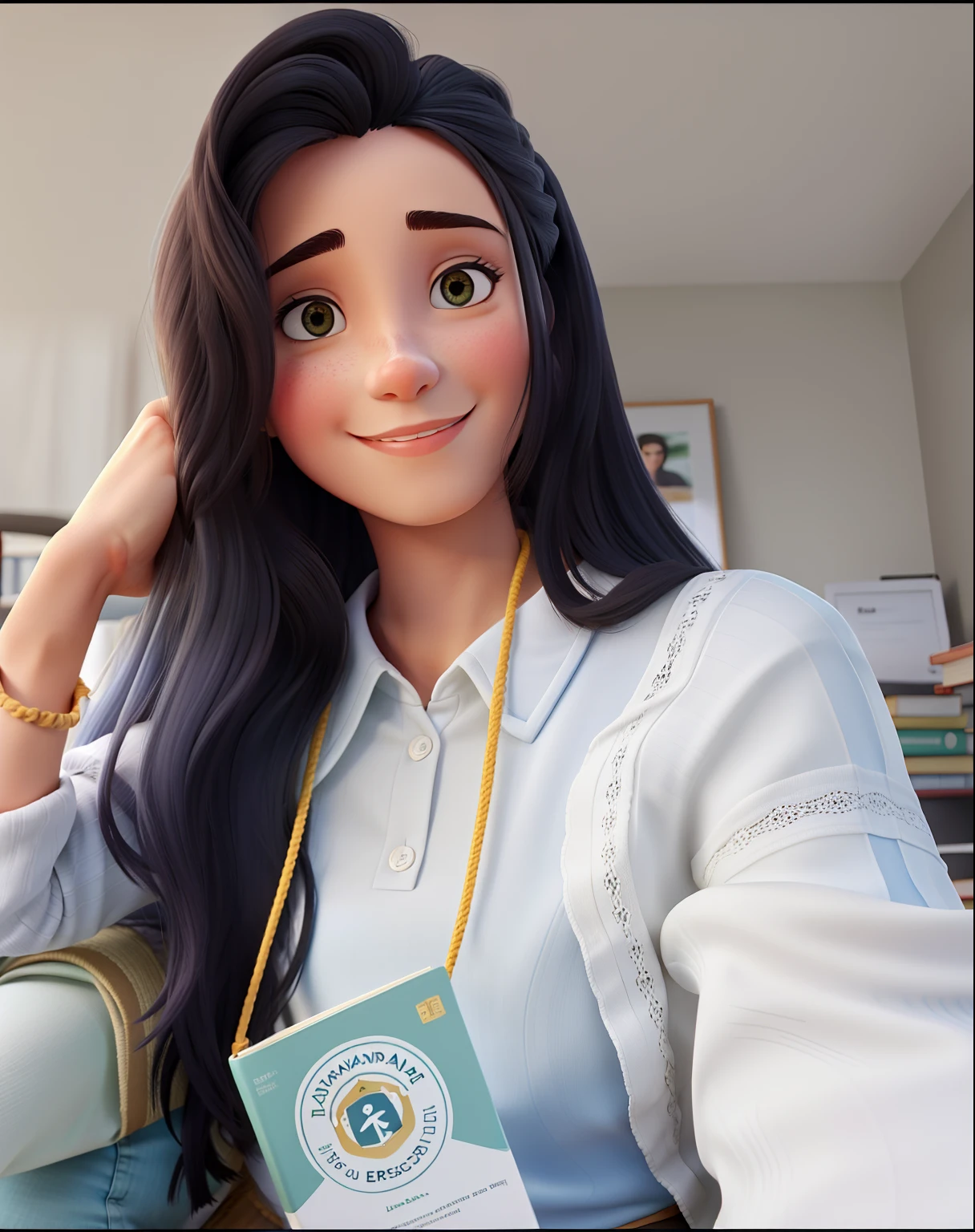 Uma bela jovem de cabelo longo, sentada lendo um livro na varanda
