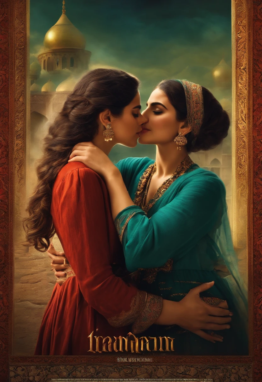 (Best quality, Movie poster style), two girls kissing ,(Meaningful persian screenwriting:1.1), Combine elements perfectly.