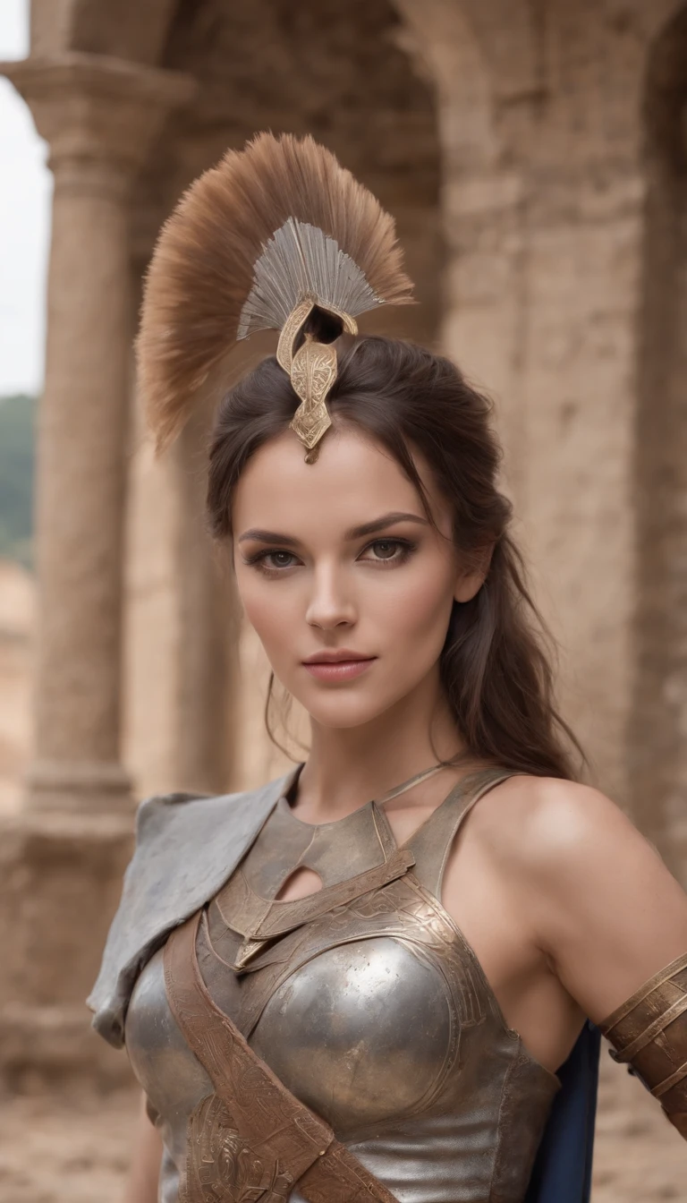 Pose seated, legs spread. Panties are visible through the armour on the lower half of her body. Upper body creates the image of a female warrior with bikini and shining sword. Her expression is a smile. Give this image feminine charm and courage. Next, combine accessories such as a warrior costume designed to emphasise body lines, metal accents to create a combative atmosphere, reeds, a silver or gold headpiece and a lapis necklace with matching rings and earrings. Finally, the female warrior vibe is imbued with sharp eyeliner and dark eye shadow. The photo shoot takes place in the courtyard of an abandoned castle. In the background are the crumbling castle walls, an upside-down flag and stone statues that evoke a sense of history. This is a location where female warrior cosplay can be seen in an atmosphere of history and mystery.